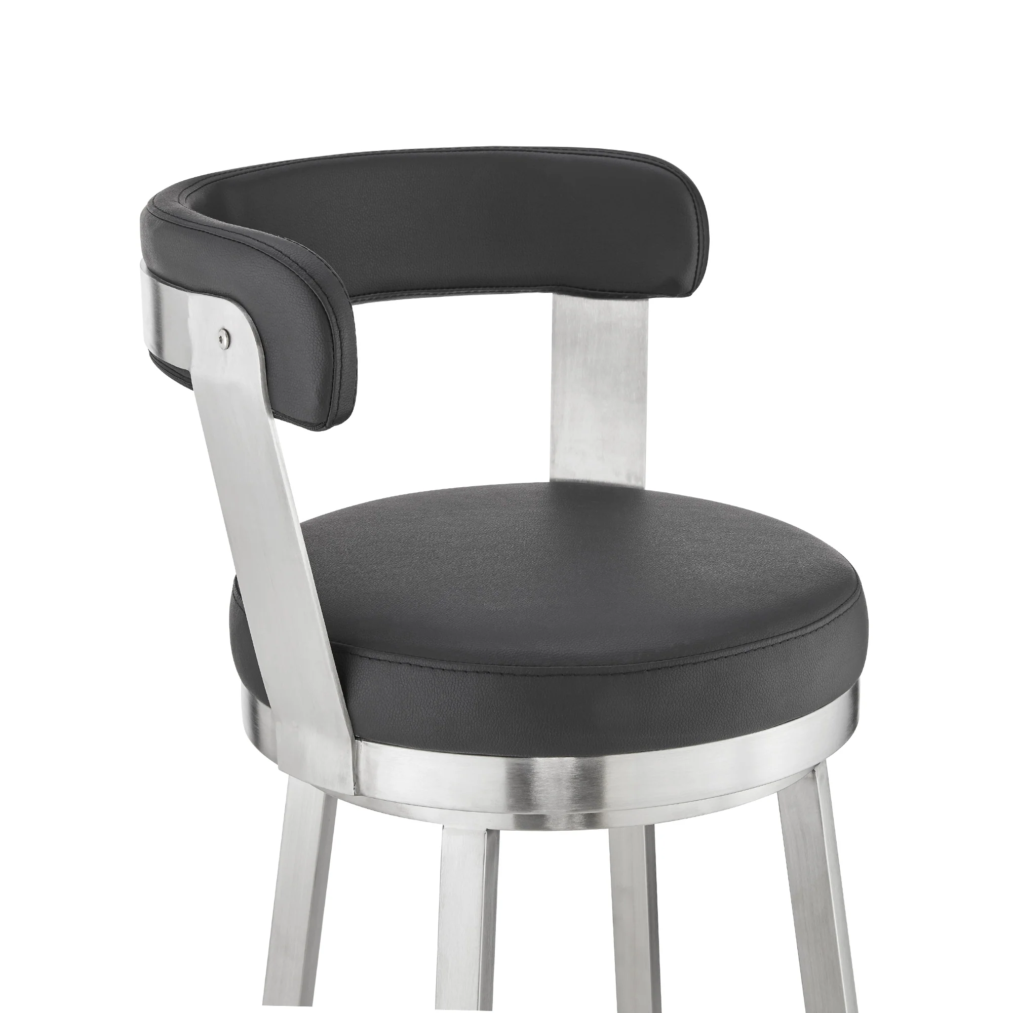 Bryant 30" Bar Height Swivel Bar Stool in Brushed Stainless Steel Finish and Black Faux Leather By Armen Living - Image 7