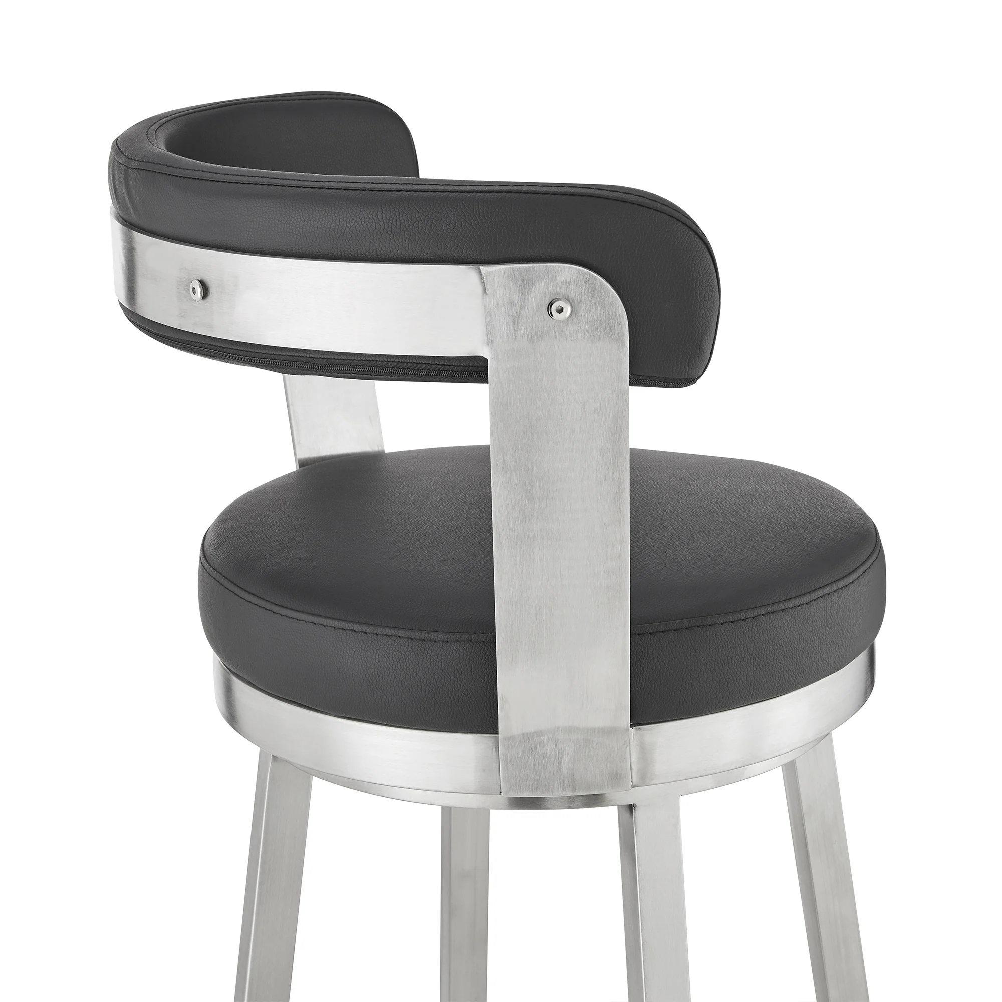 Bryant 30" Bar Height Swivel Bar Stool in Brushed Stainless Steel Finish and Black Faux Leather By Armen Living - Image 8