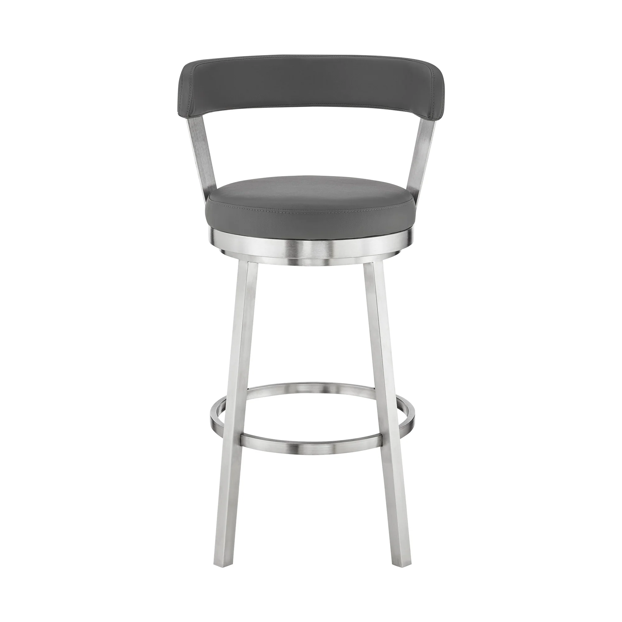 Bryant 30" Bar Height Swivel Bar Stool in Brushed Stainless Steel Finish and Gray Faux Leather By Armen Living - Image 3