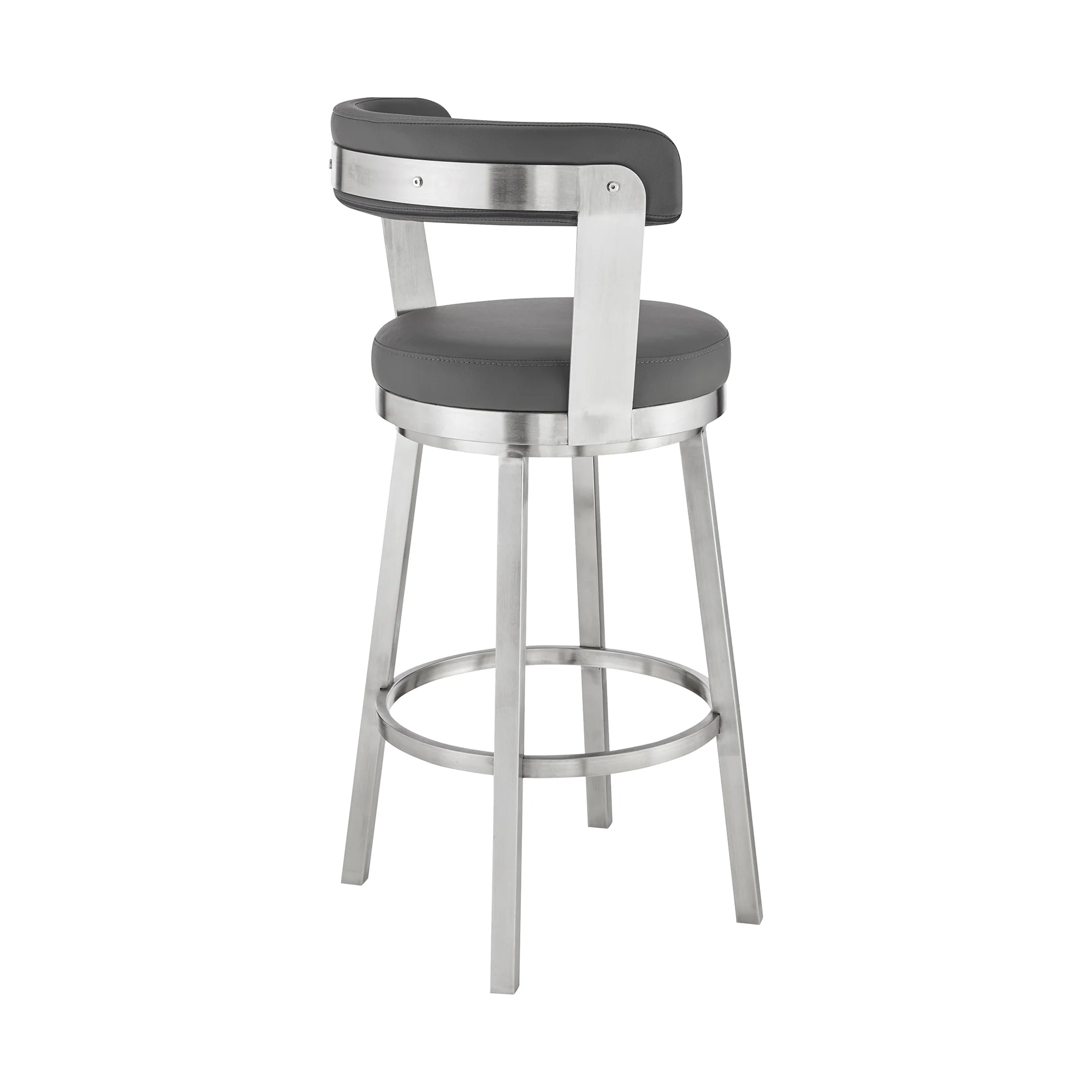 Bryant 30" Bar Height Swivel Bar Stool in Brushed Stainless Steel Finish and Gray Faux Leather By Armen Living - Image 5