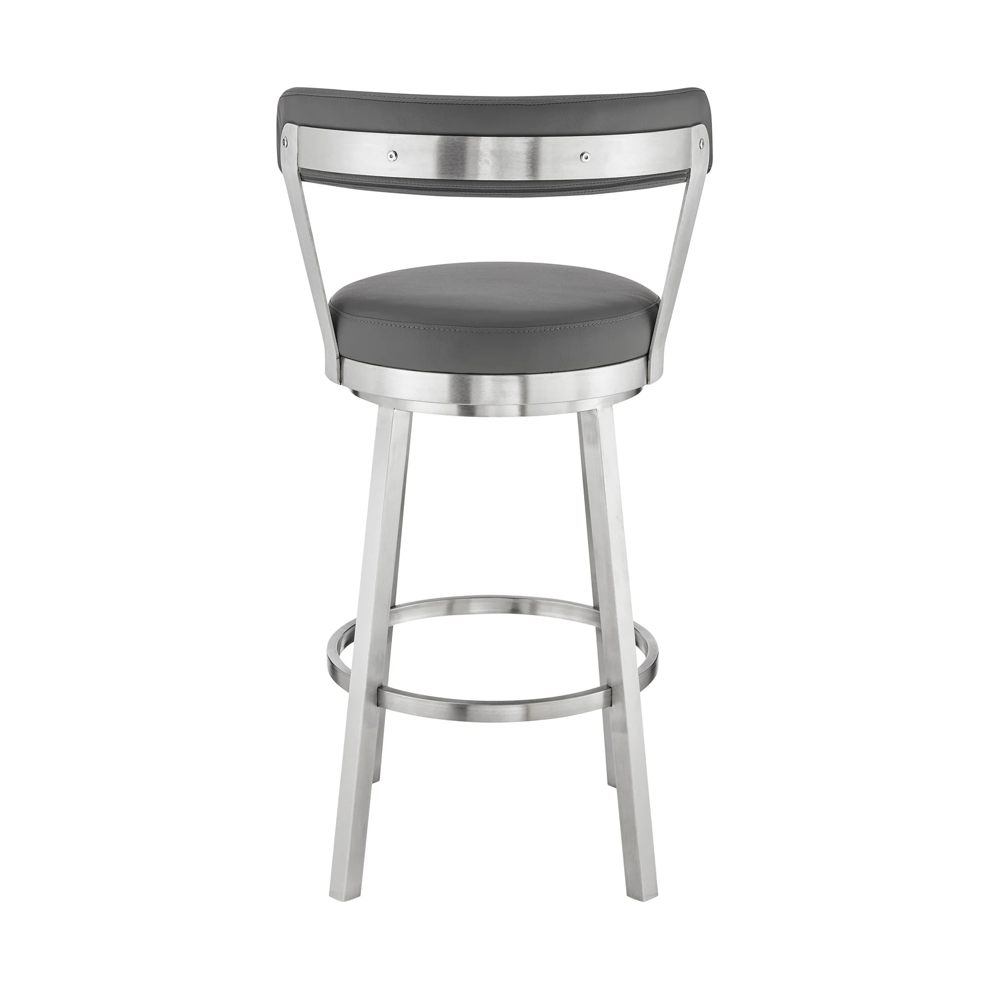 Bryant 30" Bar Height Swivel Bar Stool in Brushed Stainless Steel Finish and Gray Faux Leather By Armen Living - Image 6