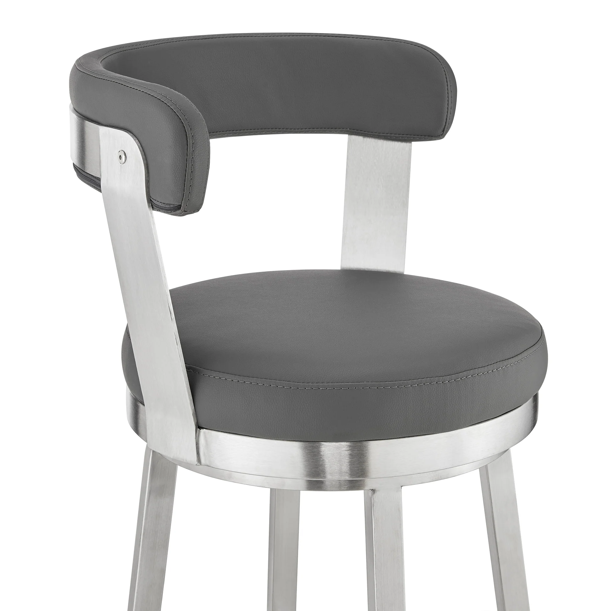 Bryant 30" Bar Height Swivel Bar Stool in Brushed Stainless Steel Finish and Gray Faux Leather By Armen Living - Image 7