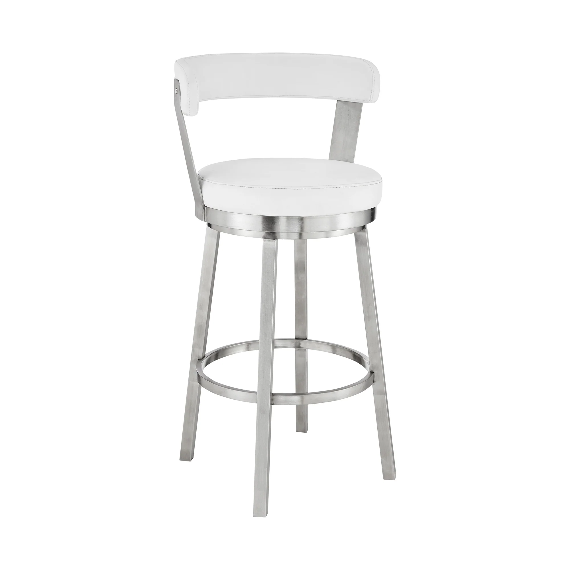 Bryant 30" Bar Height Swivel Bar Stool in Brushed Stainless Steel Finish and White Faux Leather By Armen Living - Image 2