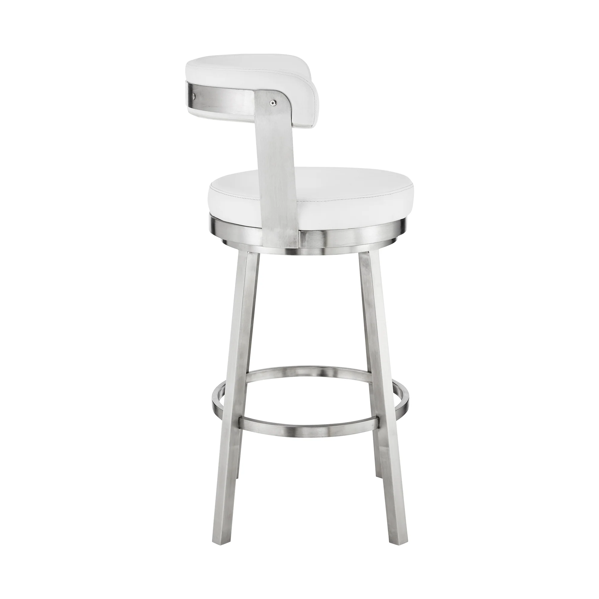 Bryant 30" Bar Height Swivel Bar Stool in Brushed Stainless Steel Finish and White Faux Leather By Armen Living - Image 4