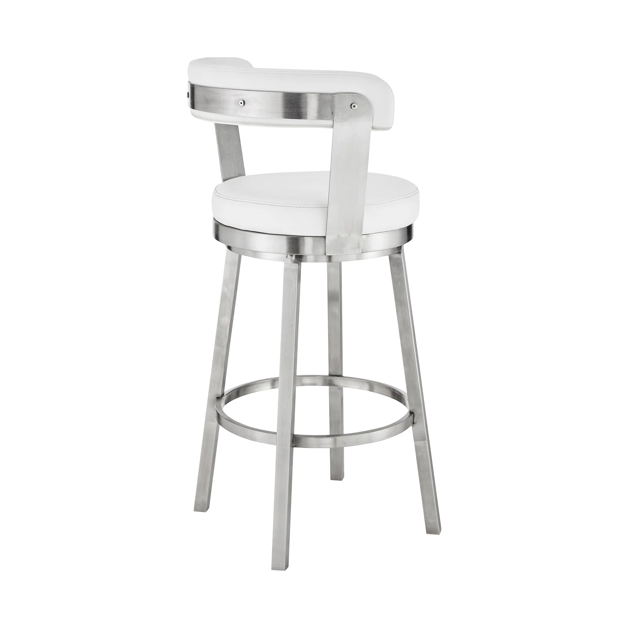 Bryant 30" Bar Height Swivel Bar Stool in Brushed Stainless Steel Finish and White Faux Leather By Armen Living - Image 5