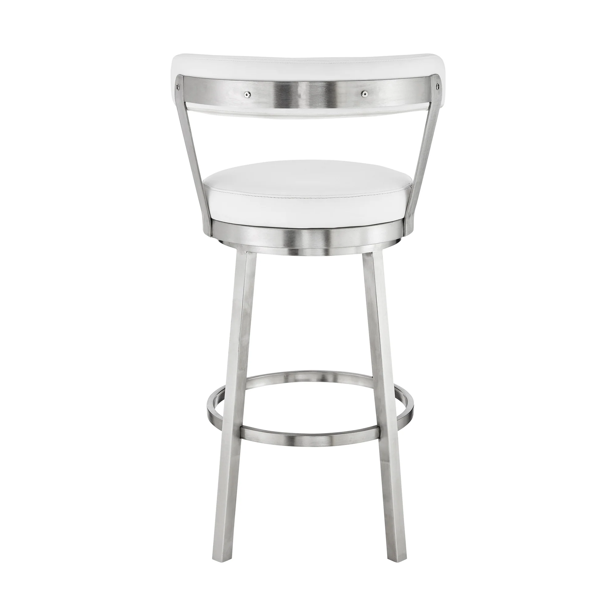 Bryant 30" Bar Height Swivel Bar Stool in Brushed Stainless Steel Finish and White Faux Leather By Armen Living - Image 6