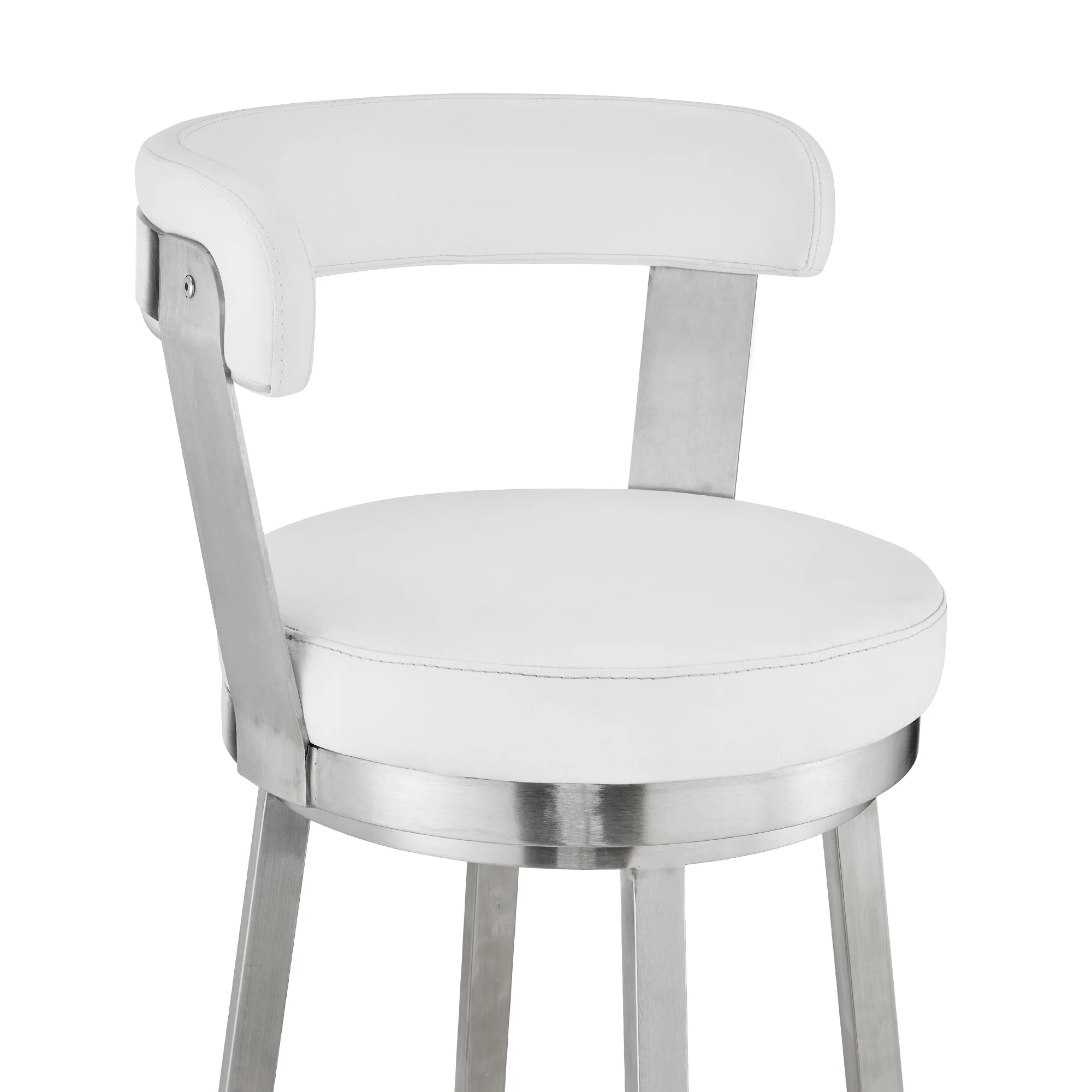 Bryant 30" Bar Height Swivel Bar Stool in Brushed Stainless Steel Finish and White Faux Leather By Armen Living - Image 7