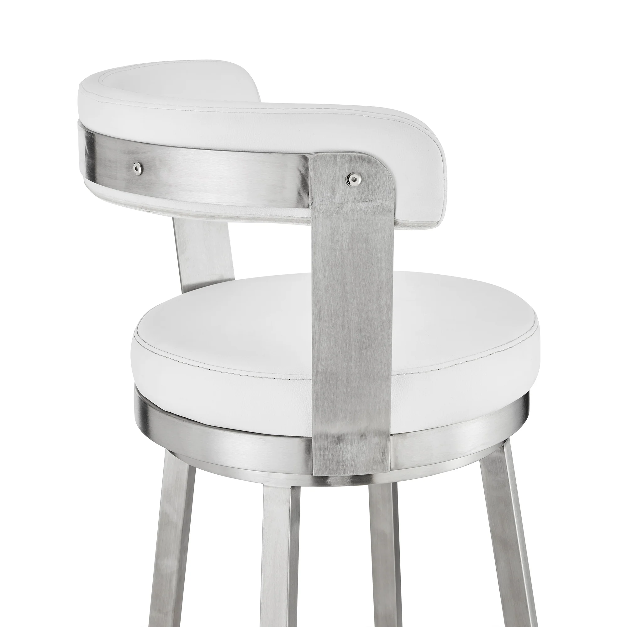 Bryant 30" Bar Height Swivel Bar Stool in Brushed Stainless Steel Finish and White Faux Leather By Armen Living - Image 8
