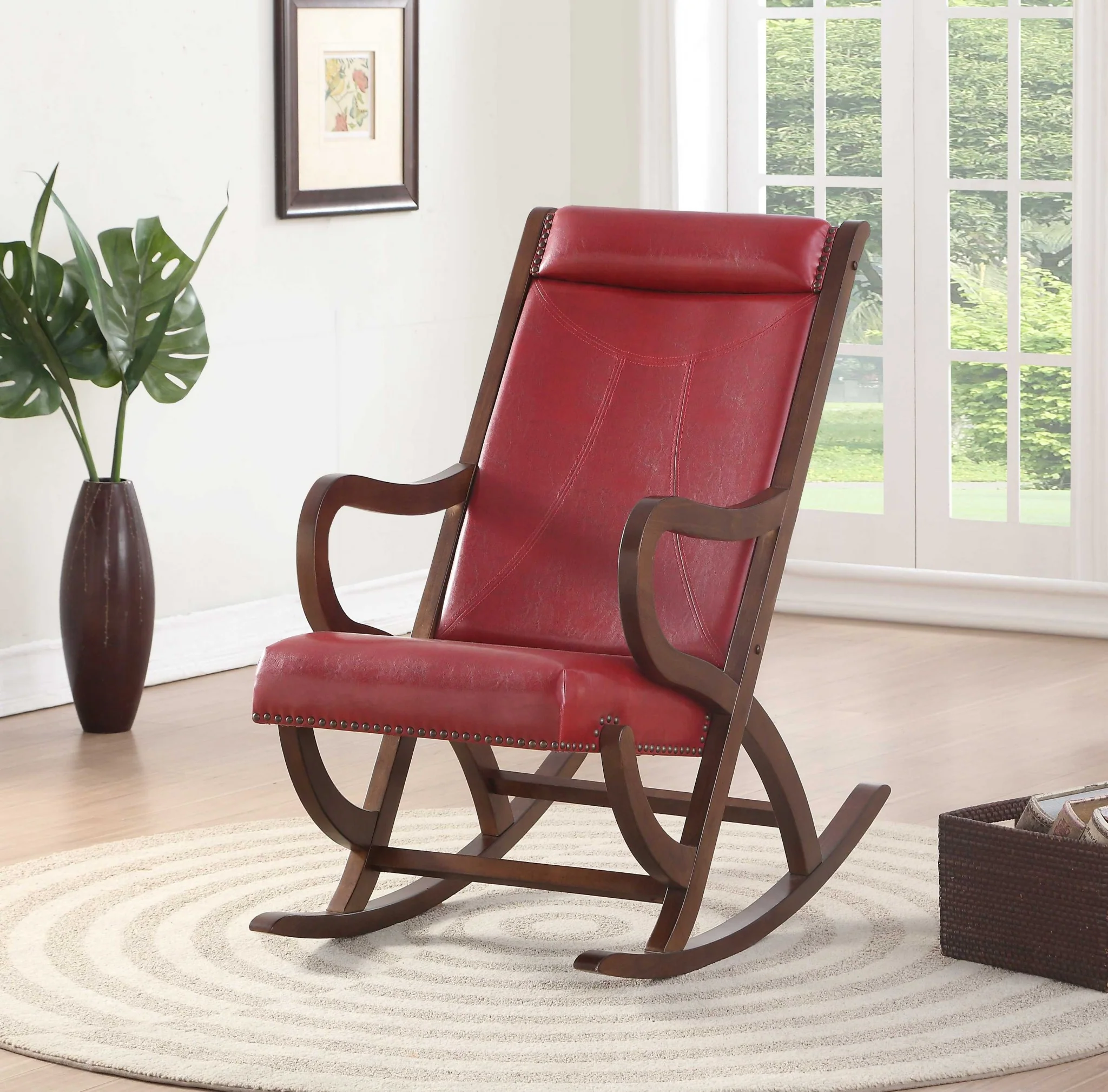 Burgundy PU Walnut Wood Upholstered (Seat) Rocking Chair By Homeroots - Image 2