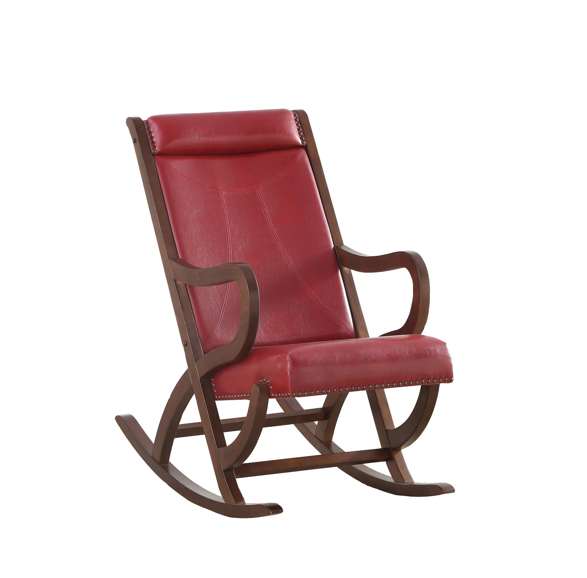 Burgundy PU Walnut Wood Upholstered (Seat) Rocking Chair By Homeroots - Image 3