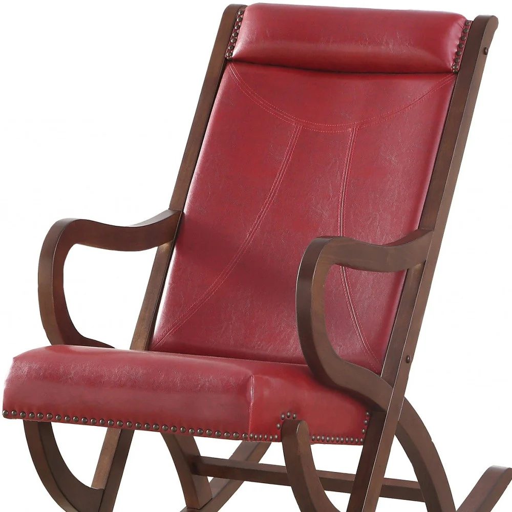 Burgundy PU Walnut Wood Upholstered (Seat) Rocking Chair By Homeroots - Image 4