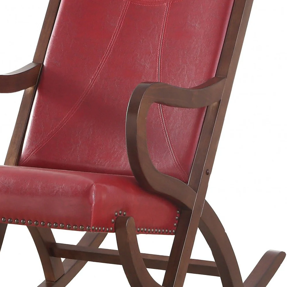 Burgundy PU Walnut Wood Upholstered (Seat) Rocking Chair By Homeroots - Image 5