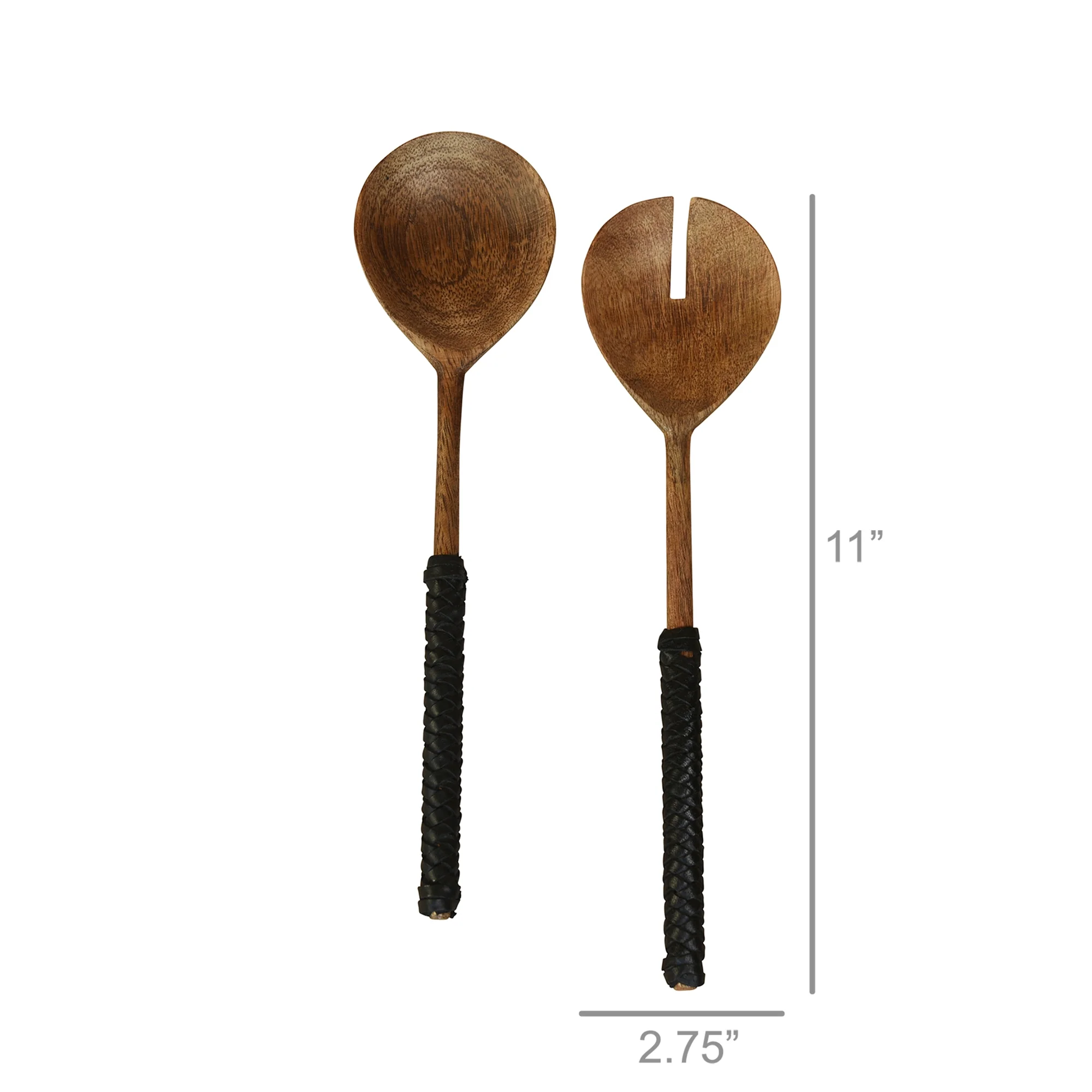 Burke Salad Servers, Wood & Black Leather Set Of 2 By HomArt - Image 2