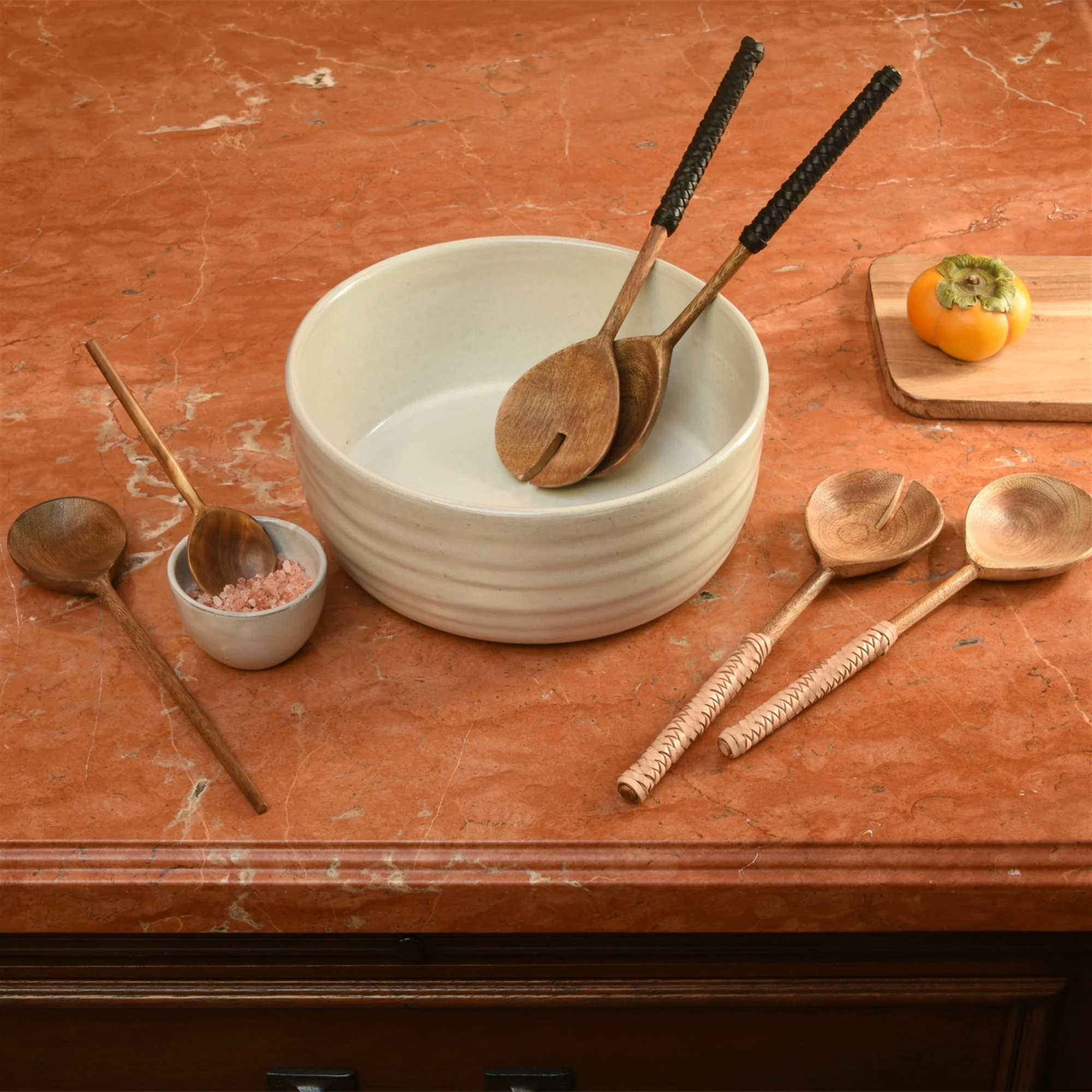 Burke Salad Servers, Wood & Black Leather Set Of 2 By HomArt - Image 3