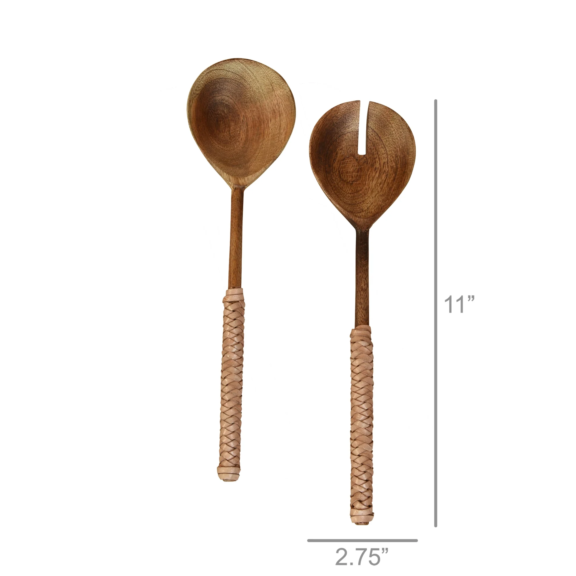 Burke Salad Servers, Wood & Natural Leather Set Of 2 By HomArt - Image 2