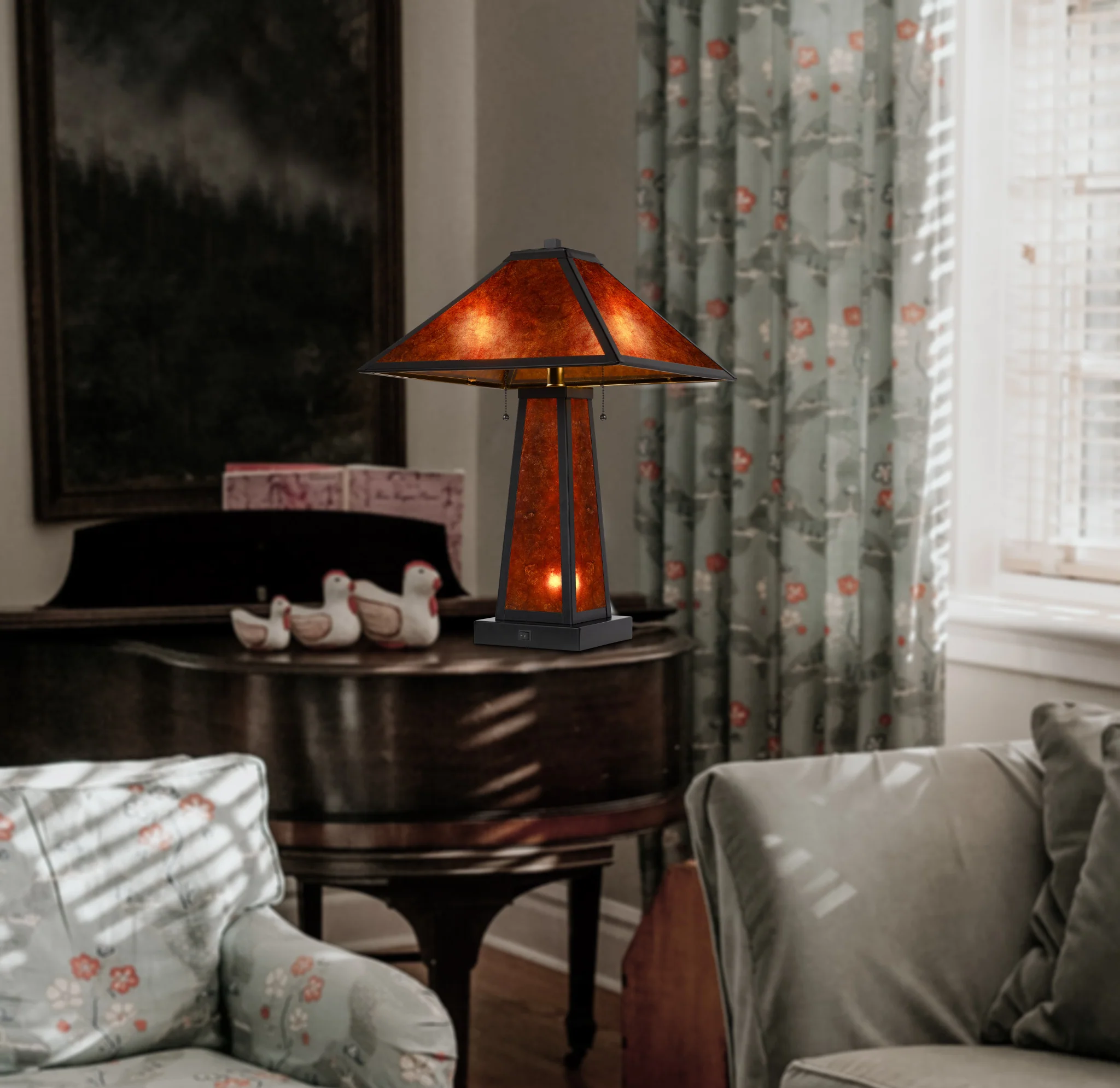 Burnt Orange Metal Two Light Table Lamp With Amber Square Shade By Homeroots - Image 5