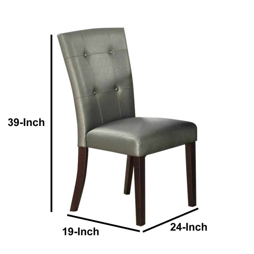 Button Tufted Faux Leather Wooden Dining Chair, Set Of 2,Silver By Benzara - Image 2