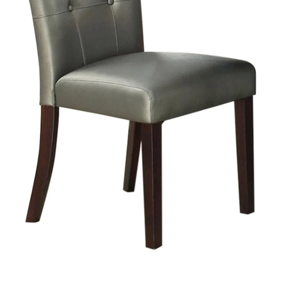 Button Tufted Faux Leather Wooden Dining Chair, Set Of 2,Silver By Benzara - Image 3