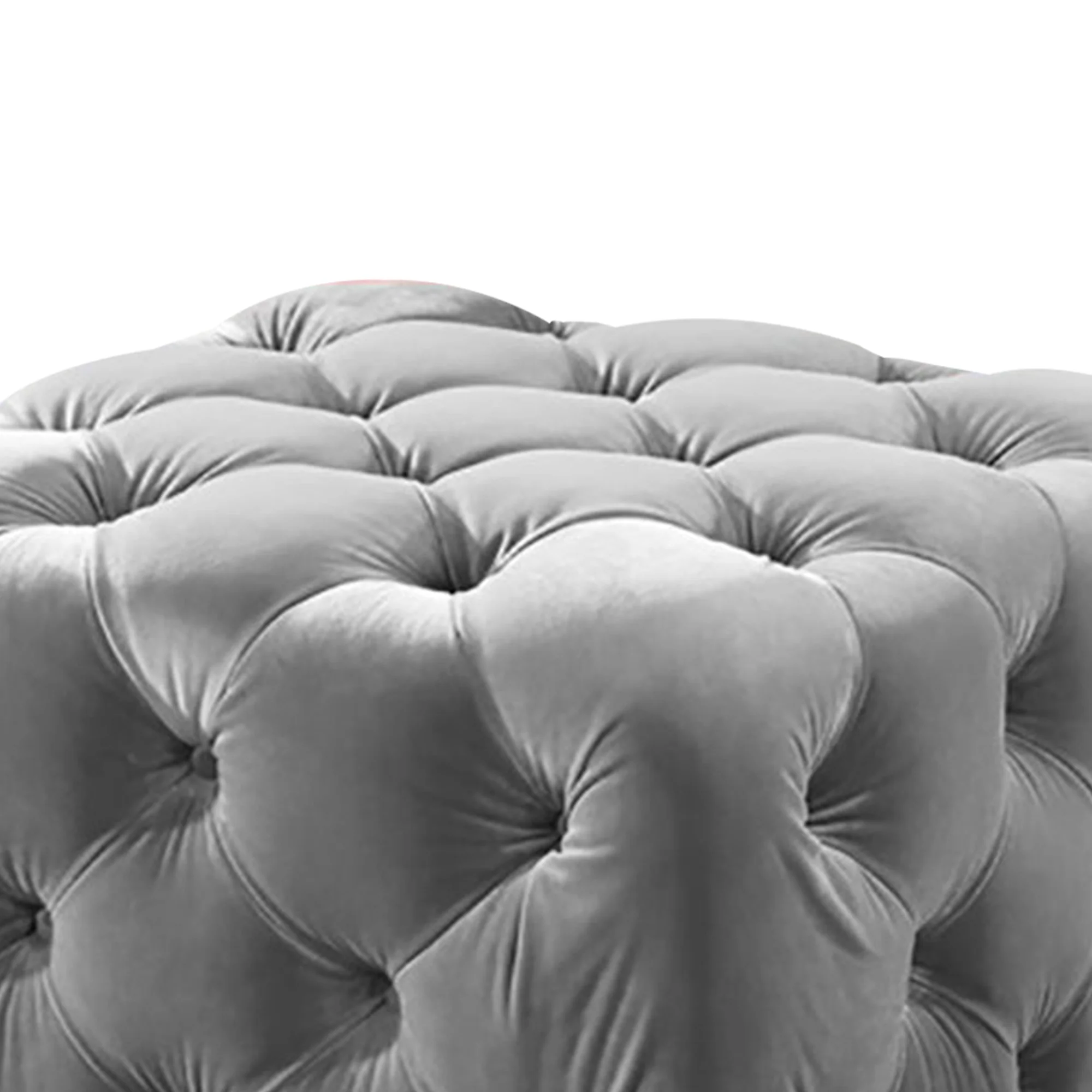 Button Tufted Velvet Fabric Upholstered Wooden Ottoman, Gray By Benzara - Image 3