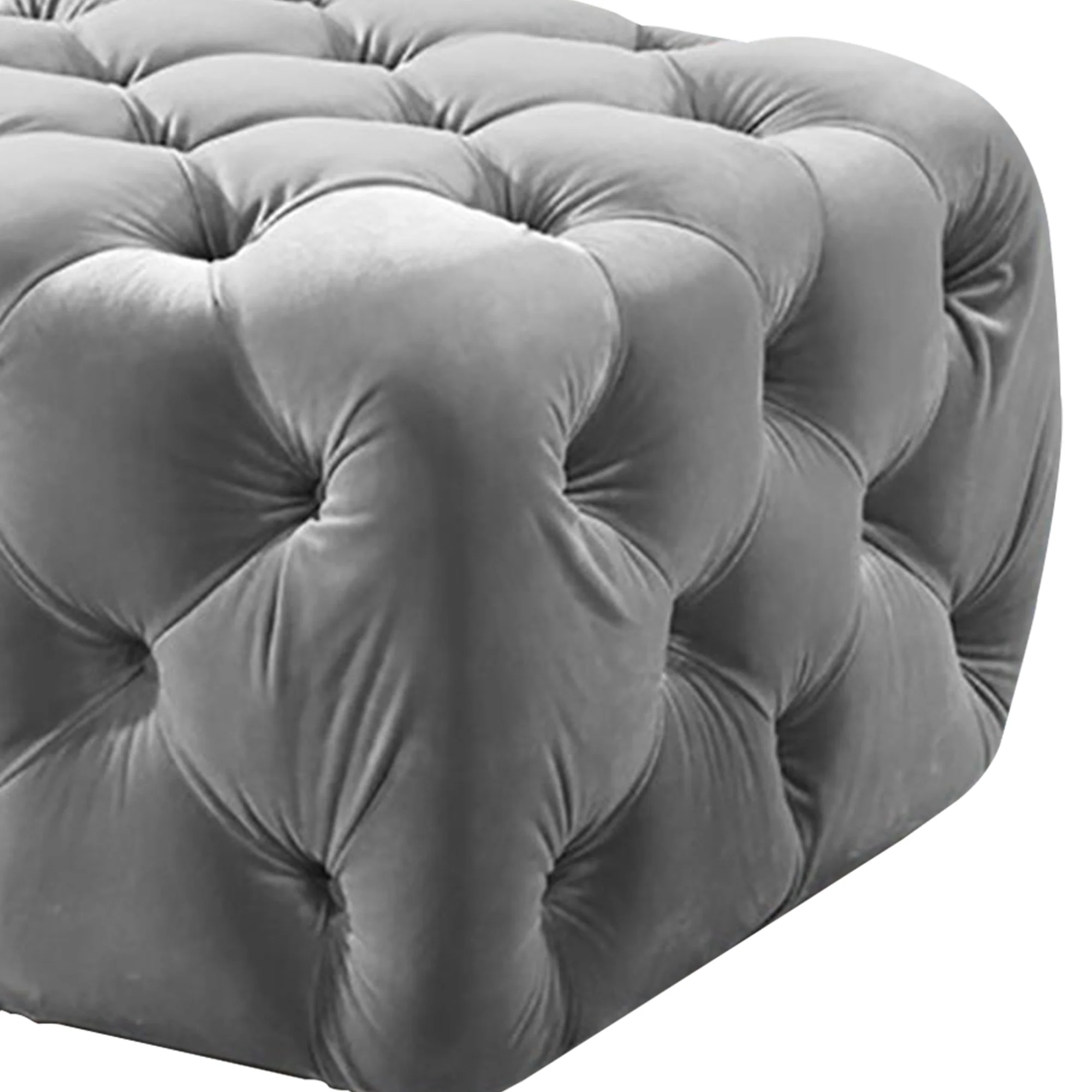 Button Tufted Velvet Fabric Upholstered Wooden Ottoman, Gray By Benzara - Image 4