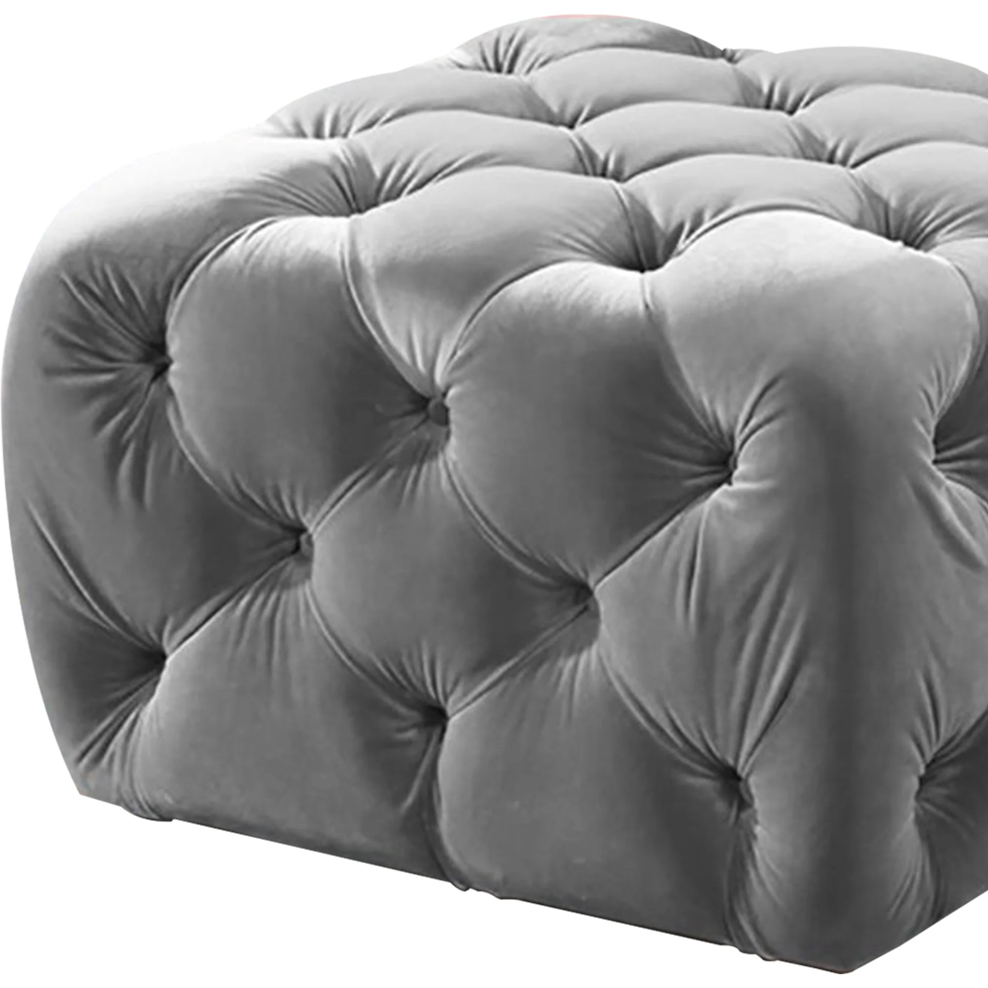 Button Tufted Velvet Fabric Upholstered Wooden Ottoman, Gray By Benzara - Image 5