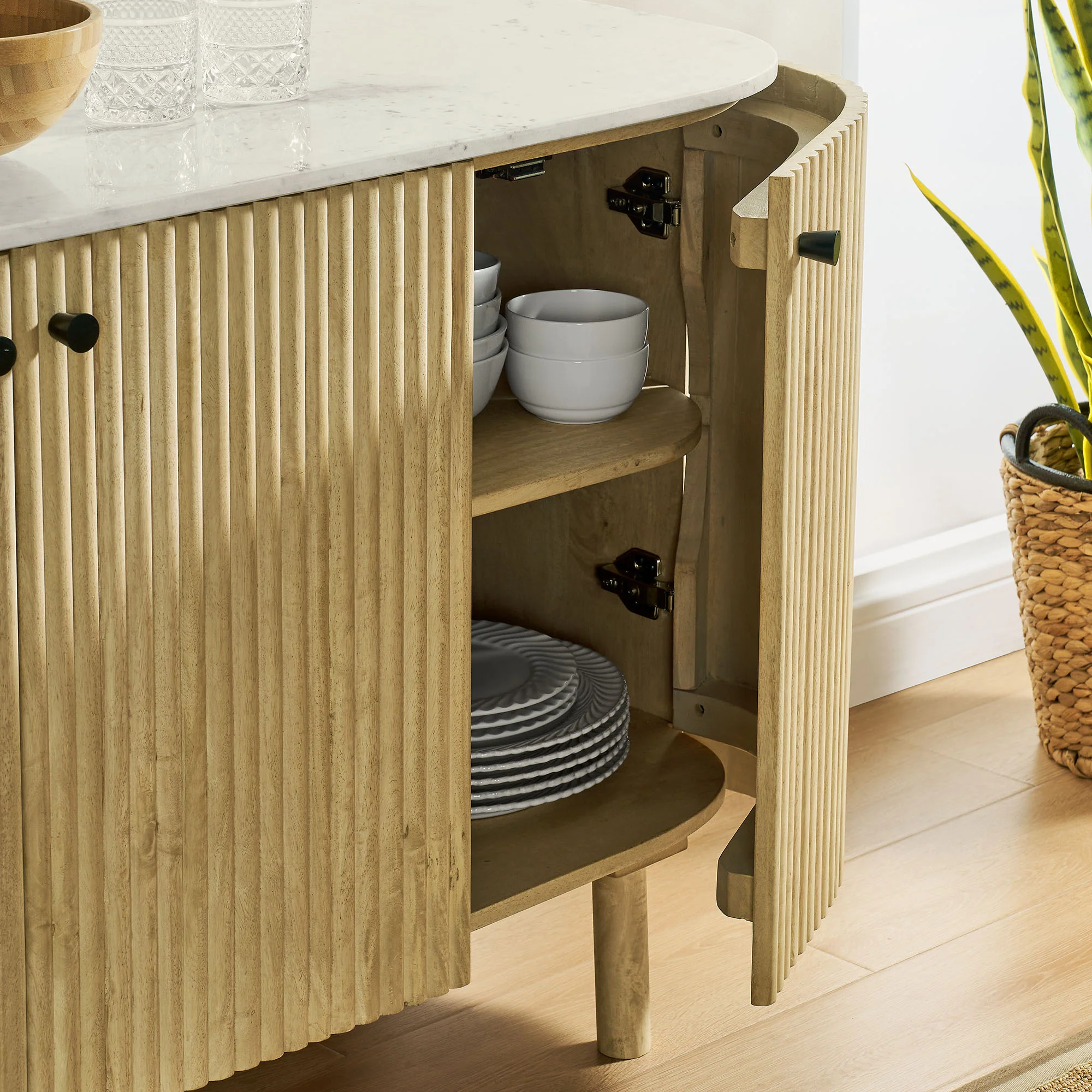 Caldera 60" Curved Solid Wood and Marble Sideboard Storage Cabinet by Modway - Image 7