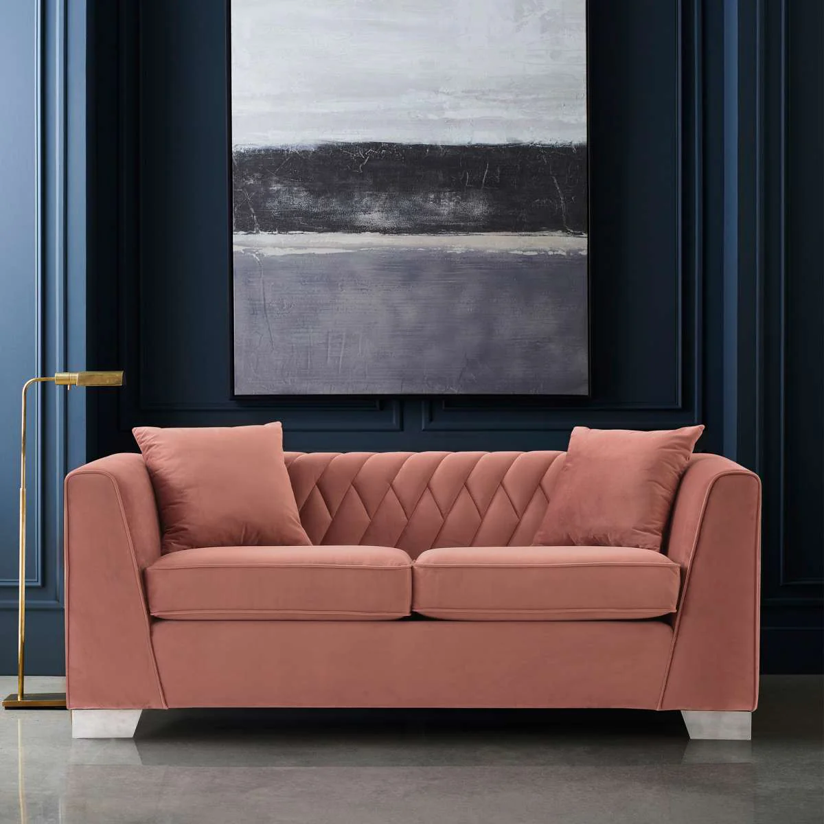 Cambridge Contemporary Loveseat in Brushed Stainless Steel and Blue Velvet By Armen Living - Image 4
