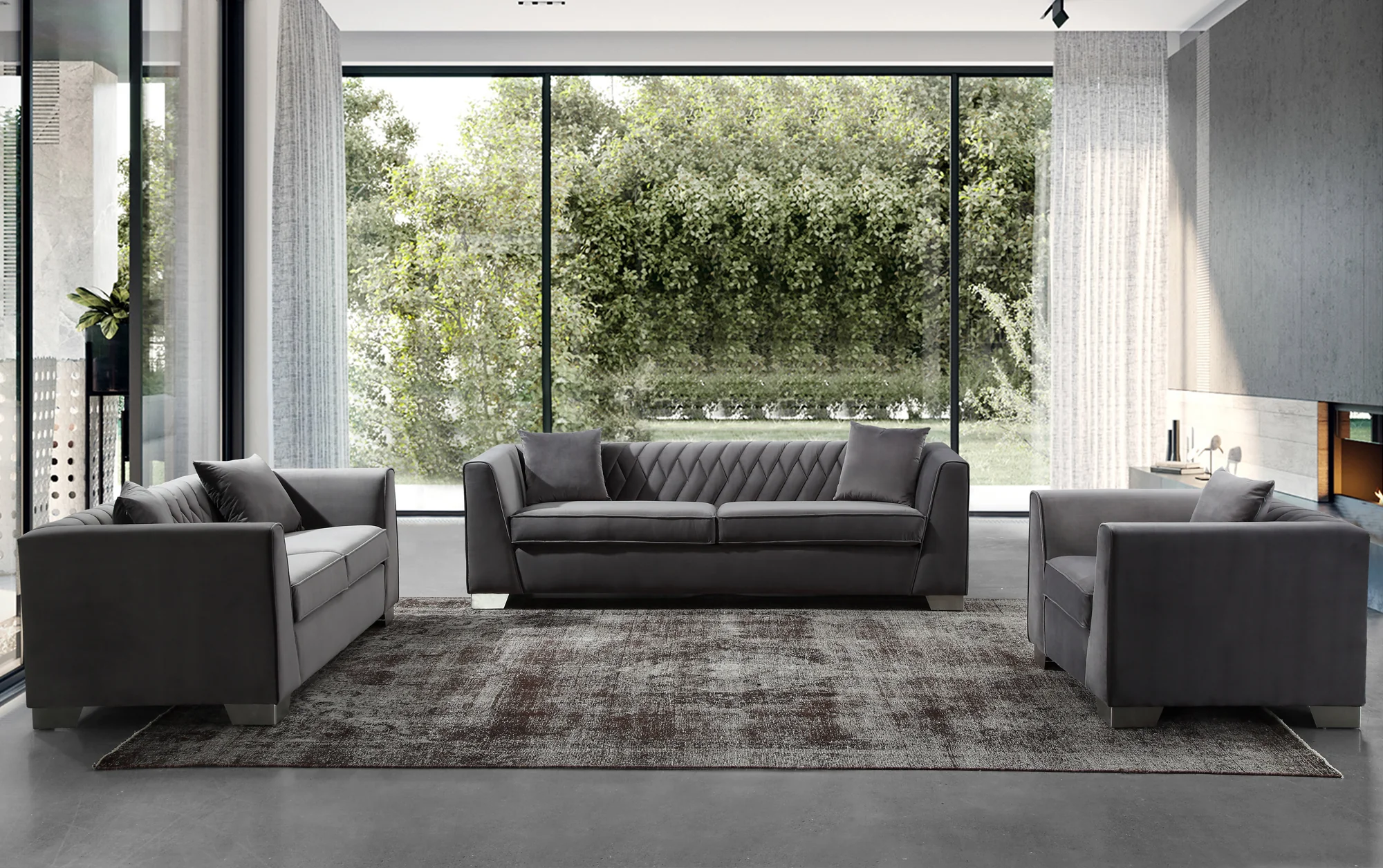 Cambridge Contemporary Sofa Chair in Brushed Stainless Steel and Dark Gray Velvet By Armen Living - Image 3