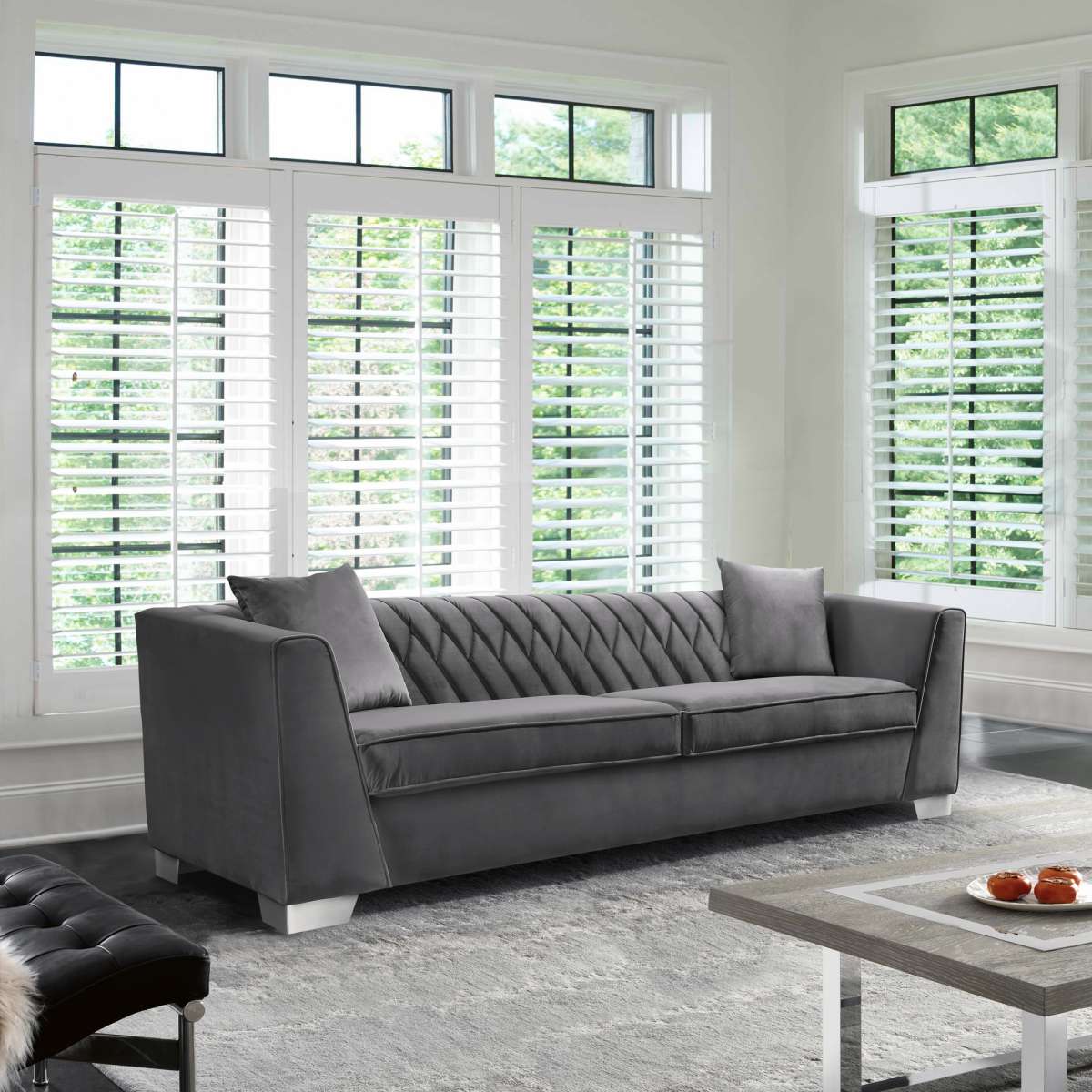 Cambridge Contemporary Sofa in Brushed Stainless Steel and Blue Velvet By Armen Living - Image 8