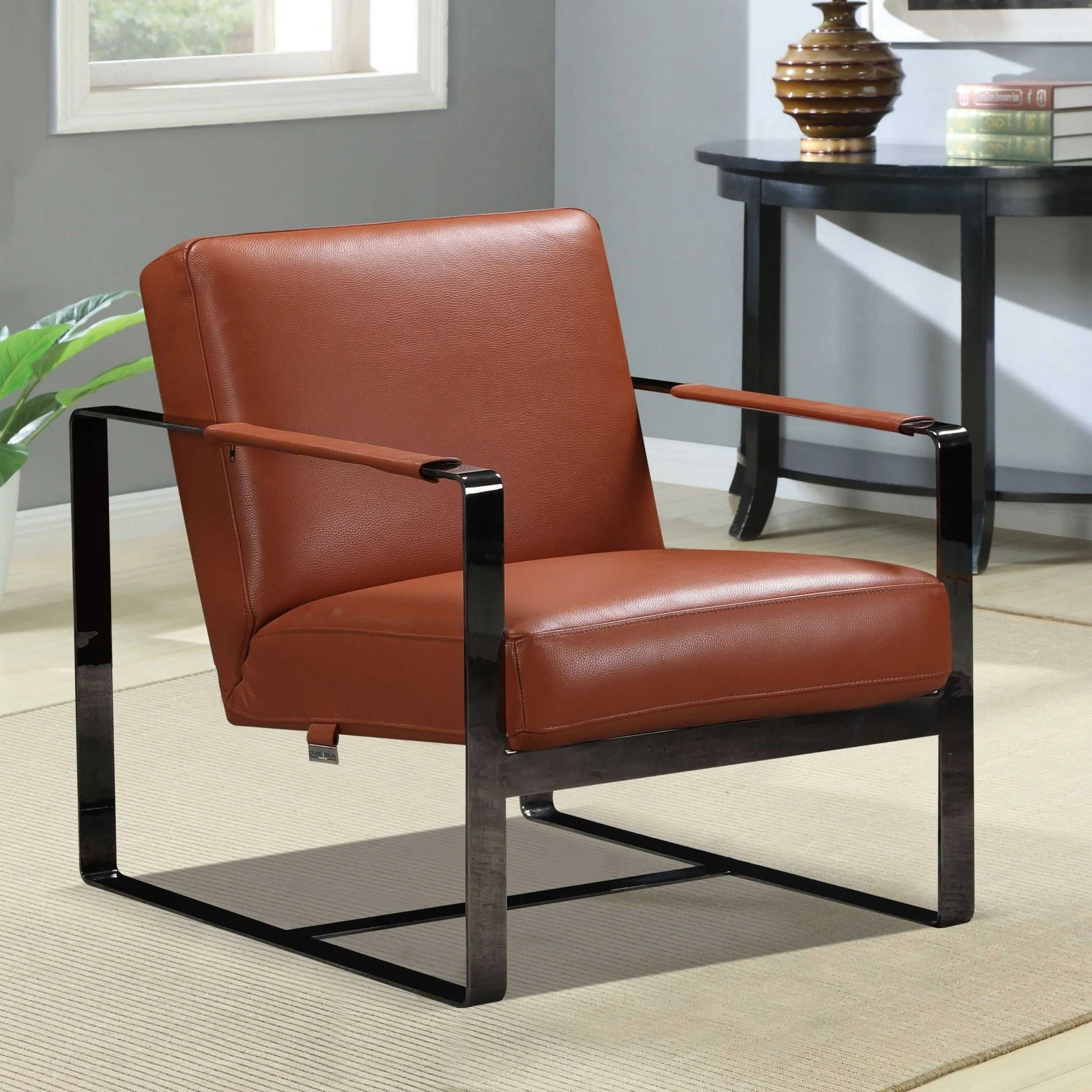 Camel And Black Genuine Leather Arm Chair By Homeroots - Image 8