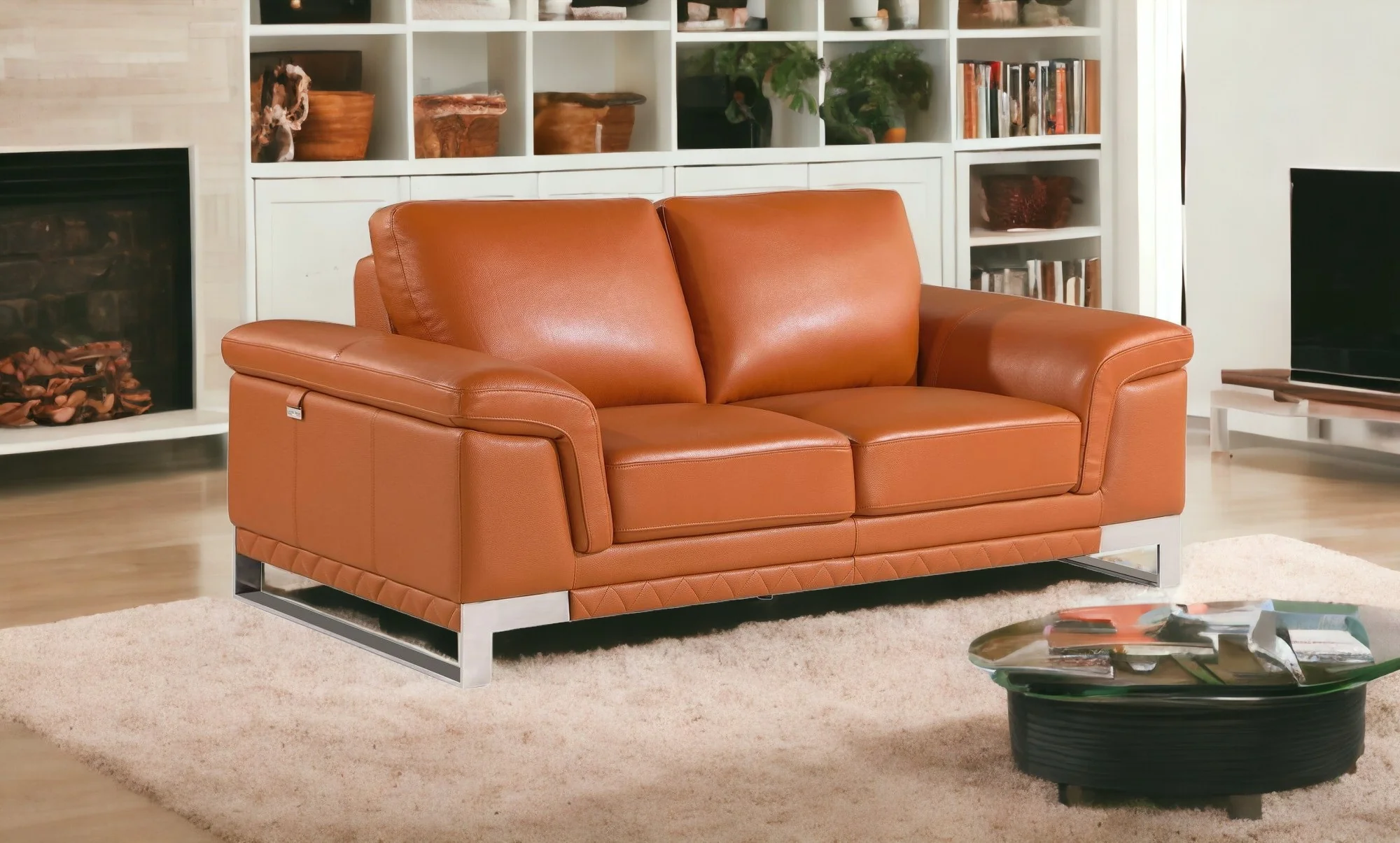 Camel And Silver Genuine Leather Loveseat By Homeroots - Image 2