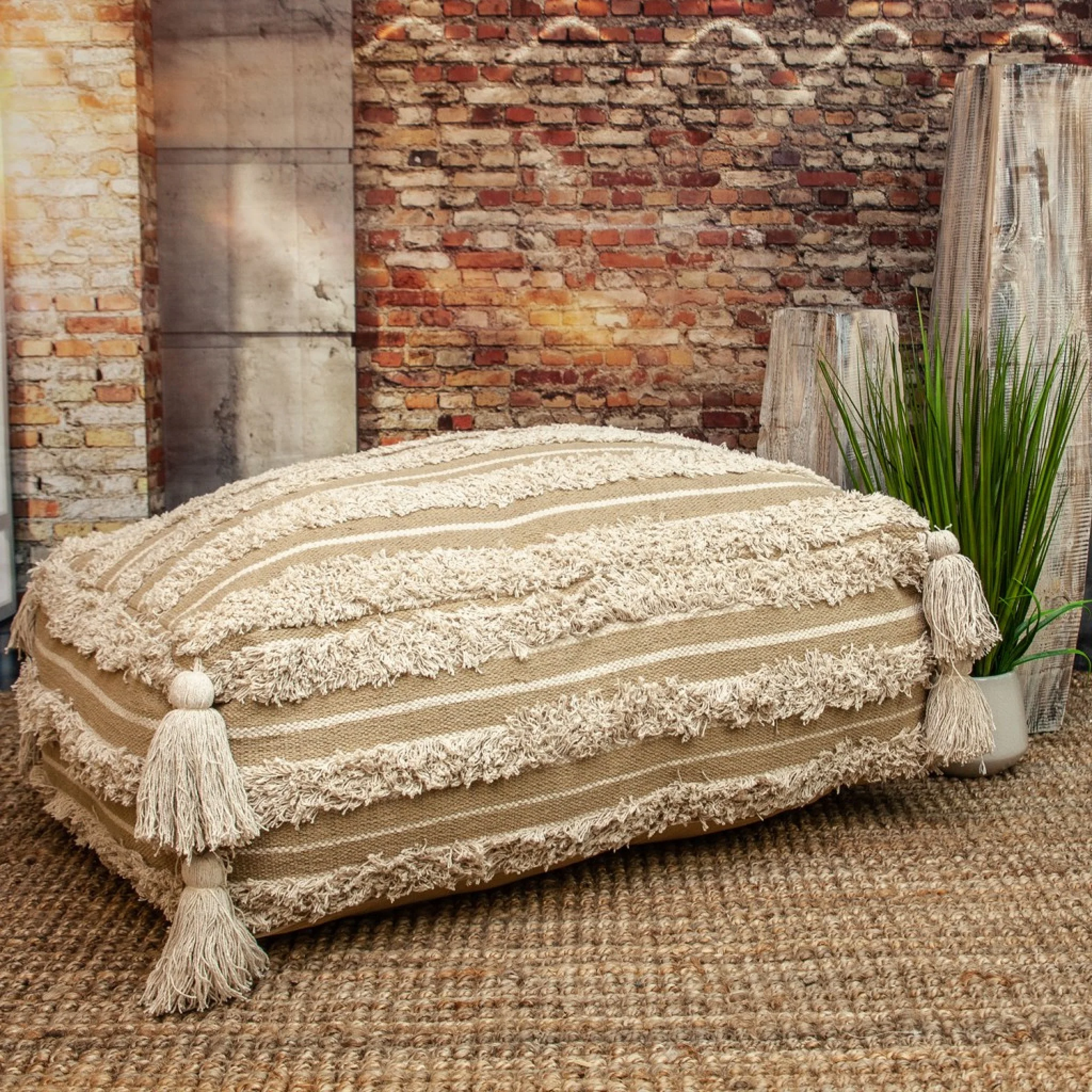 Camel Fringe Striped Pouf By Homeroots - Image 4