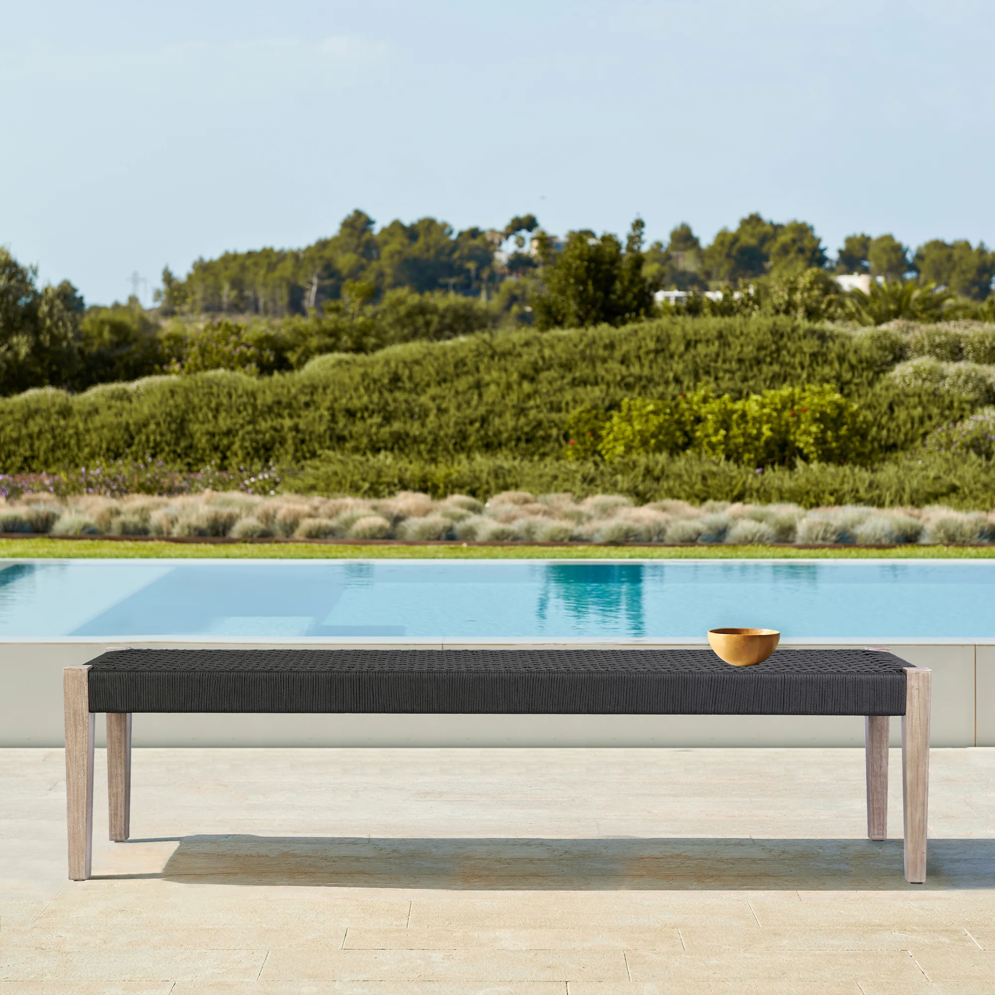 Camino Indoor Outdoor Dining Bench in Eucalyptus Wood and Grey Rope By Armen Living - Image 9