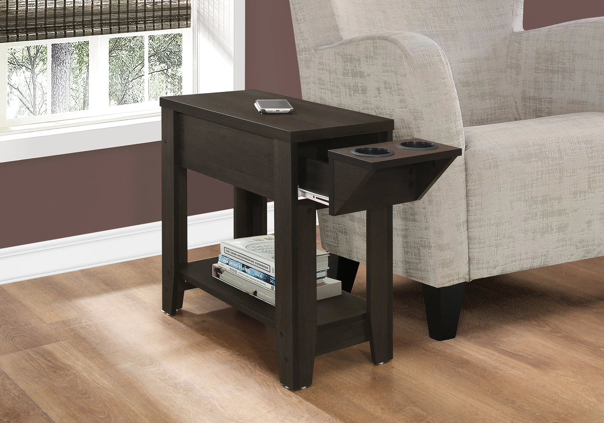 Cappuccino Finish Side Accent Table with Adjustable Cup Holder Drawer and Bottom Shelf By Homeroots - Image 2