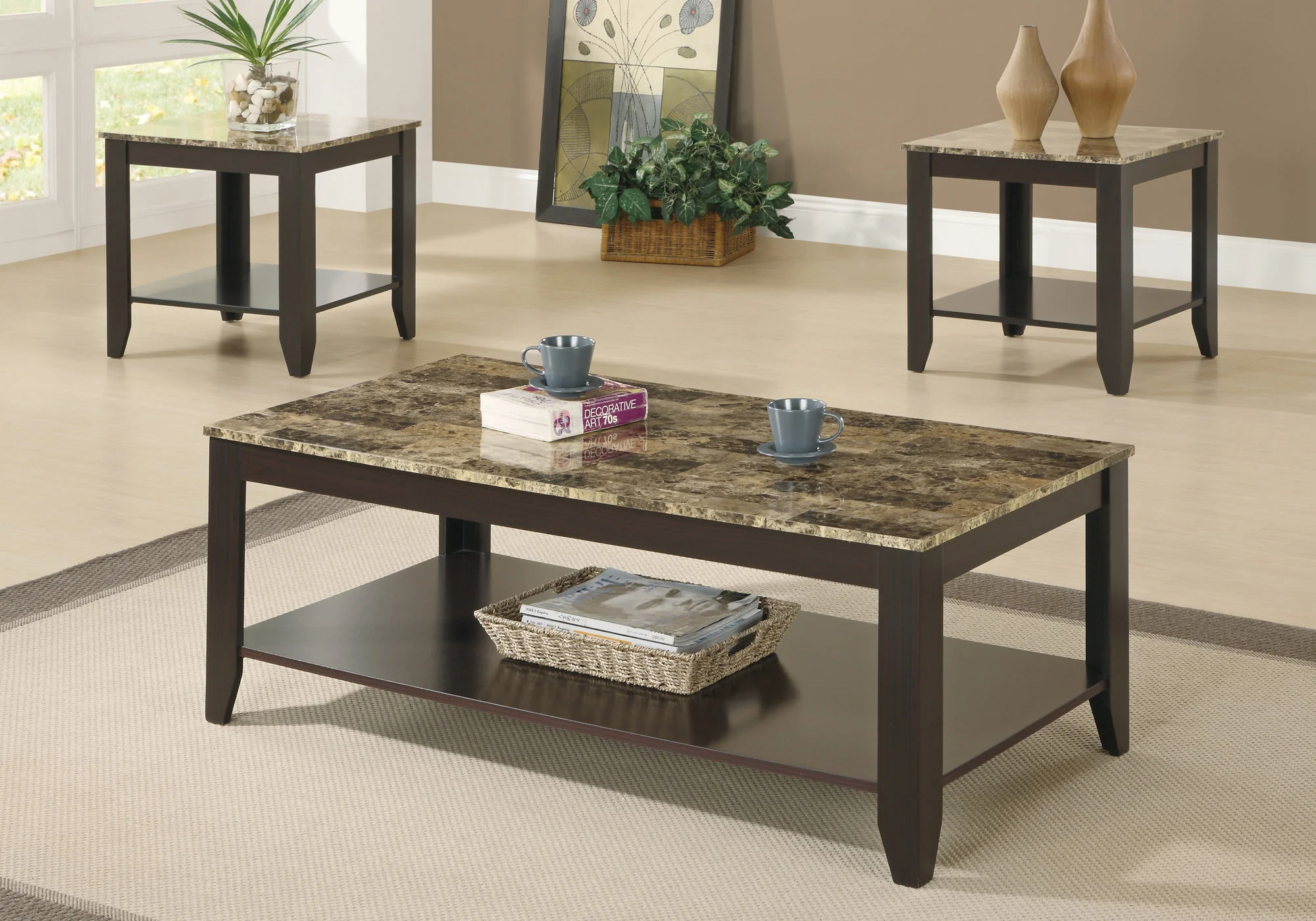 Cappuccino Marble Look Top Table Set 3Pcs Set By Homeroots - Image 3