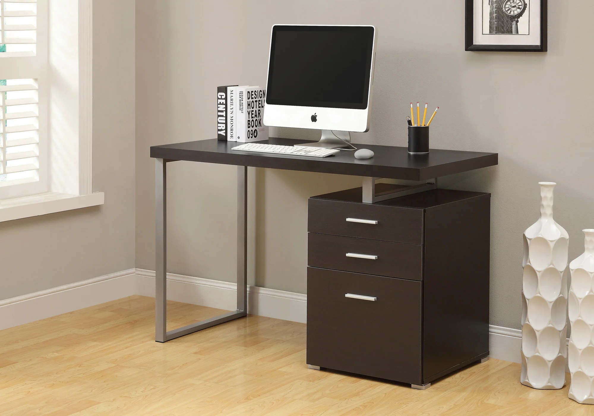 Cappuccino Silver Particle Board Hollow Core Metal Computer Desk By Homeroots - 333342 - Image 3
