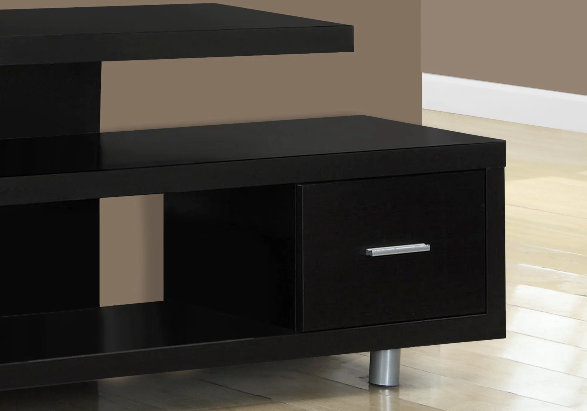 Cappuccino Silver Particle Board Hollow Core Metal TV Stand with a Drawer By Homeroots - Image 2