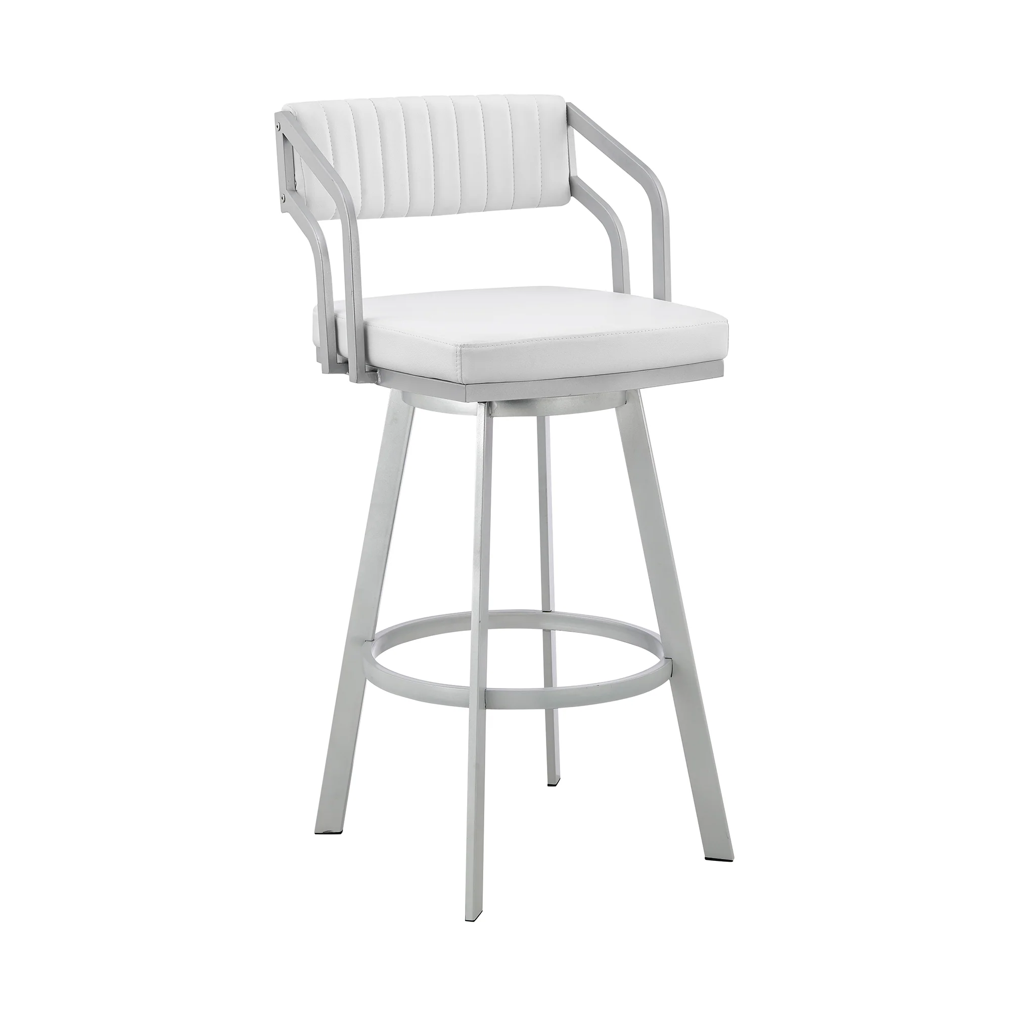 Capri 26" Swivel White Faux Leather and Silver Metal Bar Stool By Armen Living - Image 2