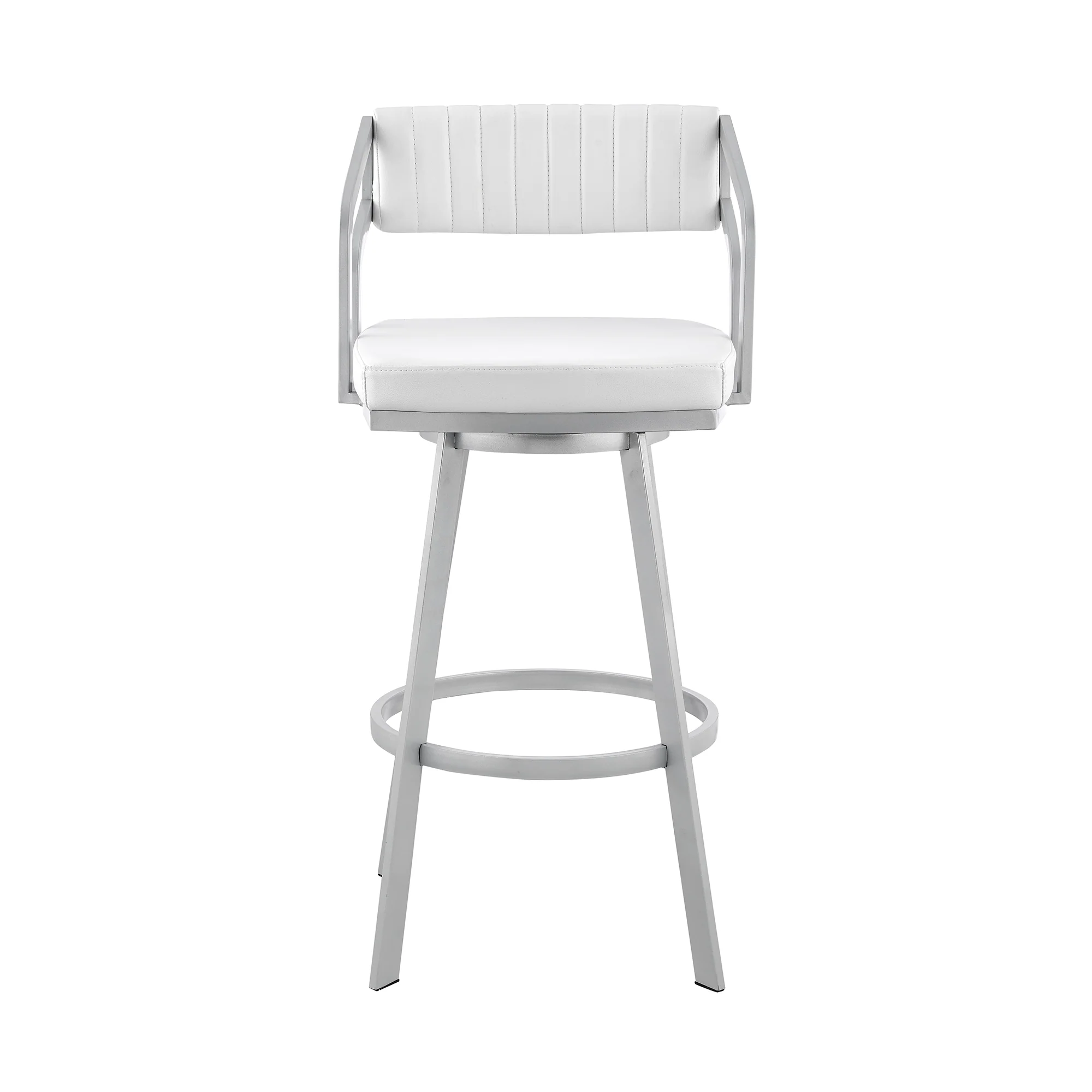 Capri 26" Swivel White Faux Leather and Silver Metal Bar Stool By Armen Living - Image 3