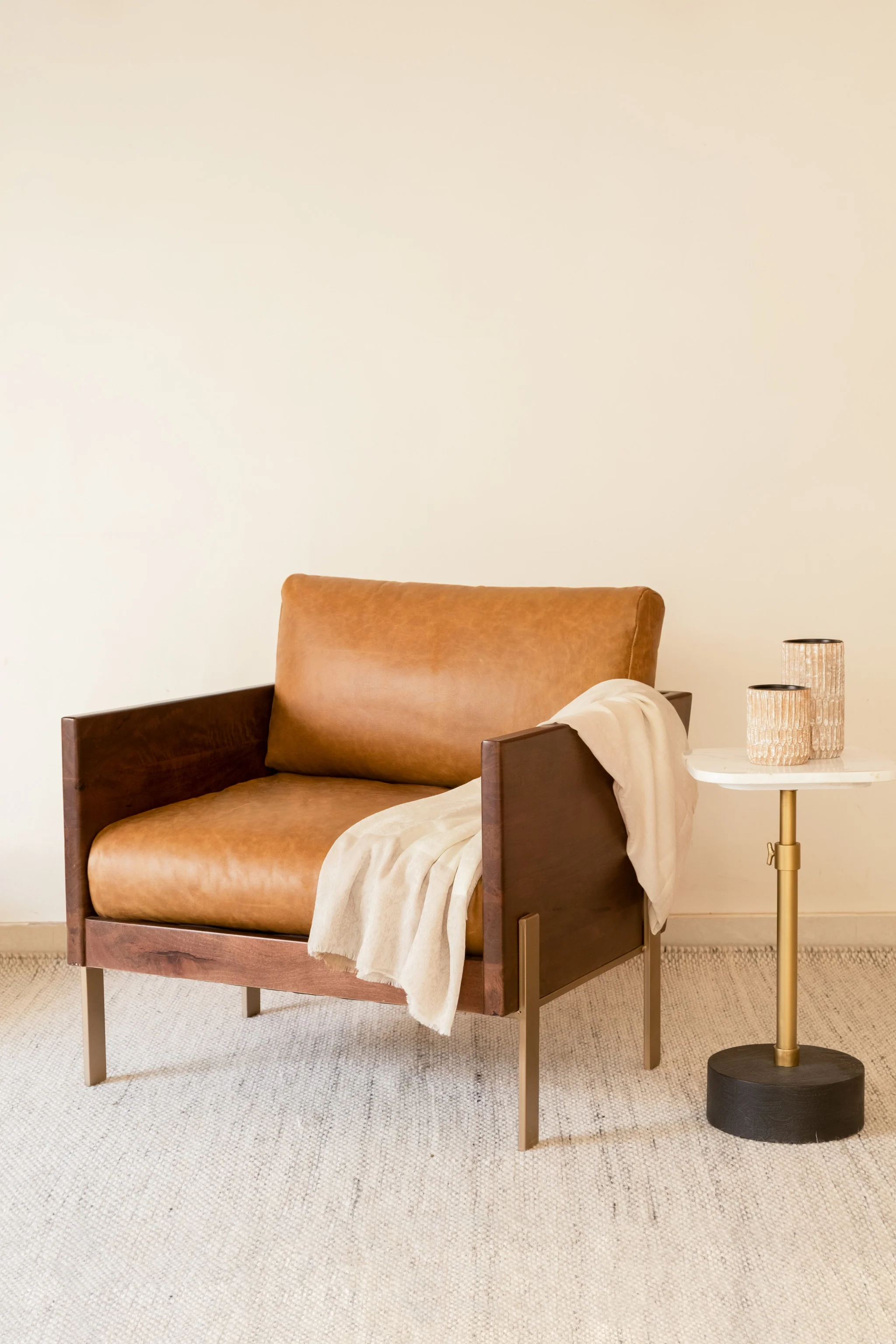 Carmel Brown Top Grain Leather And Gold Arm Chair By Homeroots - Image 7
