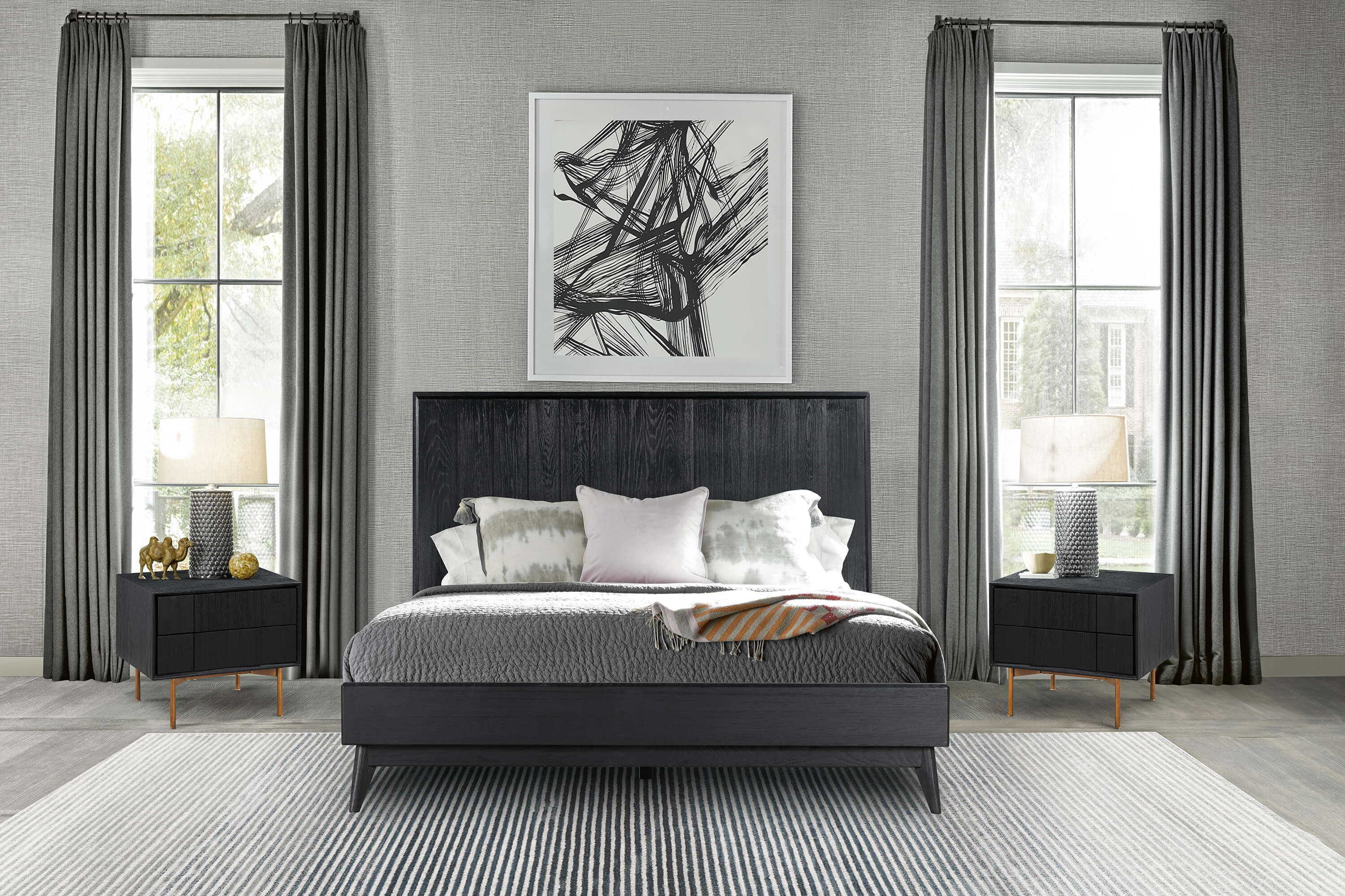 Carnaby Queen Platform Bed Frame in Black Brushed Oak Wood By Armen Living - Image 3