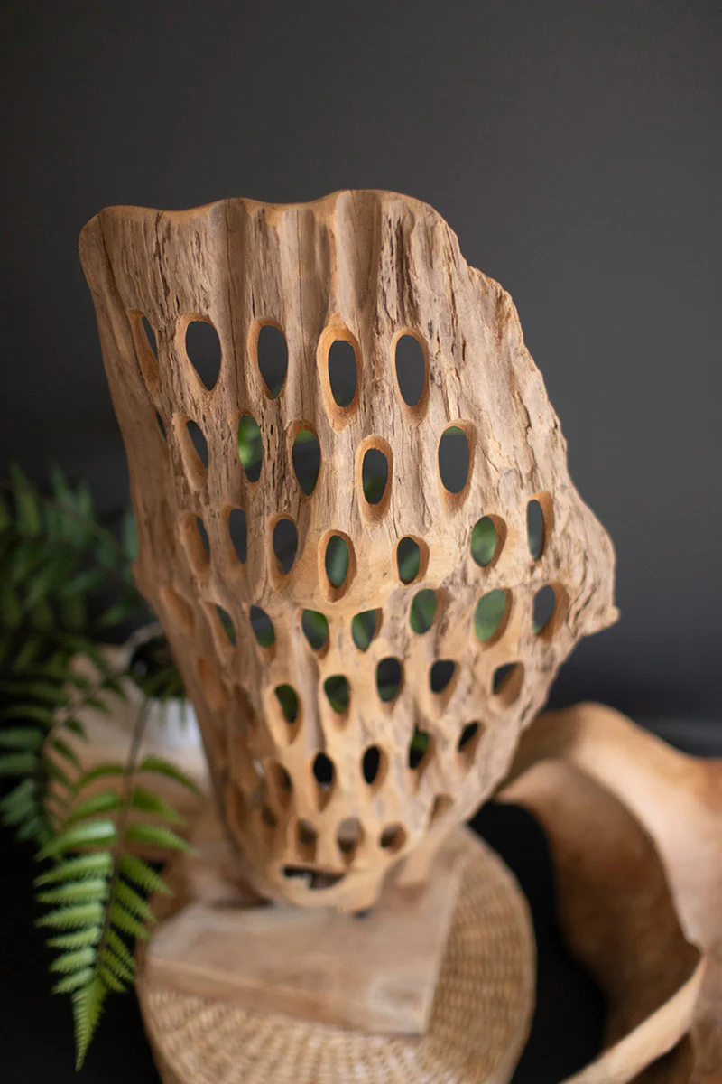 Carved Teak Wood Scuplture On A Base - Perforated By Kalalou - Image 2