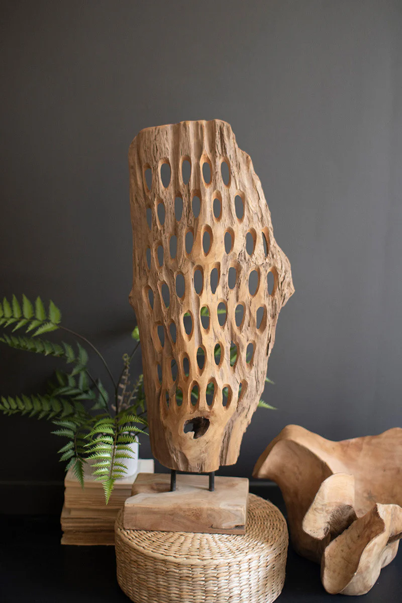 Carved Teak Wood Scuplture On A Base - Perforated By Kalalou - Image 3
