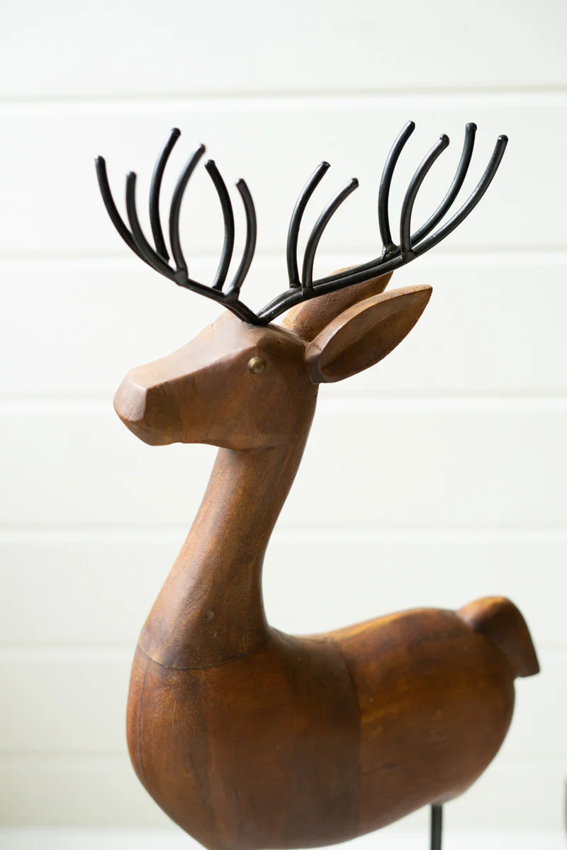 Carved Wood And Iron Reindeer On Bases Set Of 3 By Kalalou - Image 2