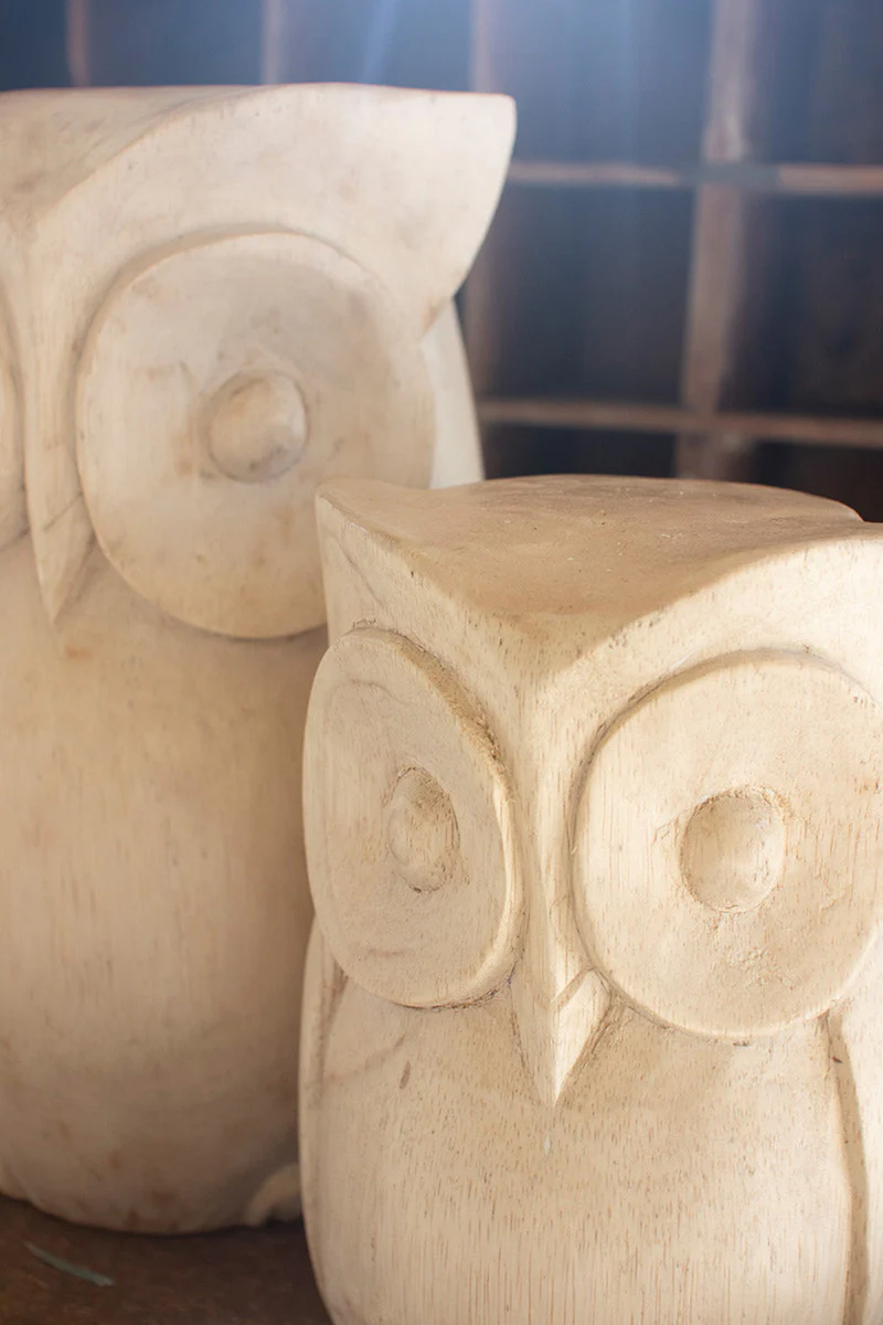 Carved Wooden Owl Statues Set Of 2 By Kalalou - Image 2