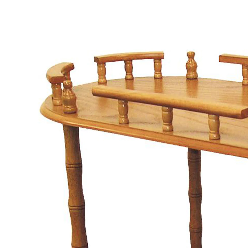 Casters Supported 2 Tier Wooden Wine Table With Turned Legs, Oak Brown By Benzara - Image 2