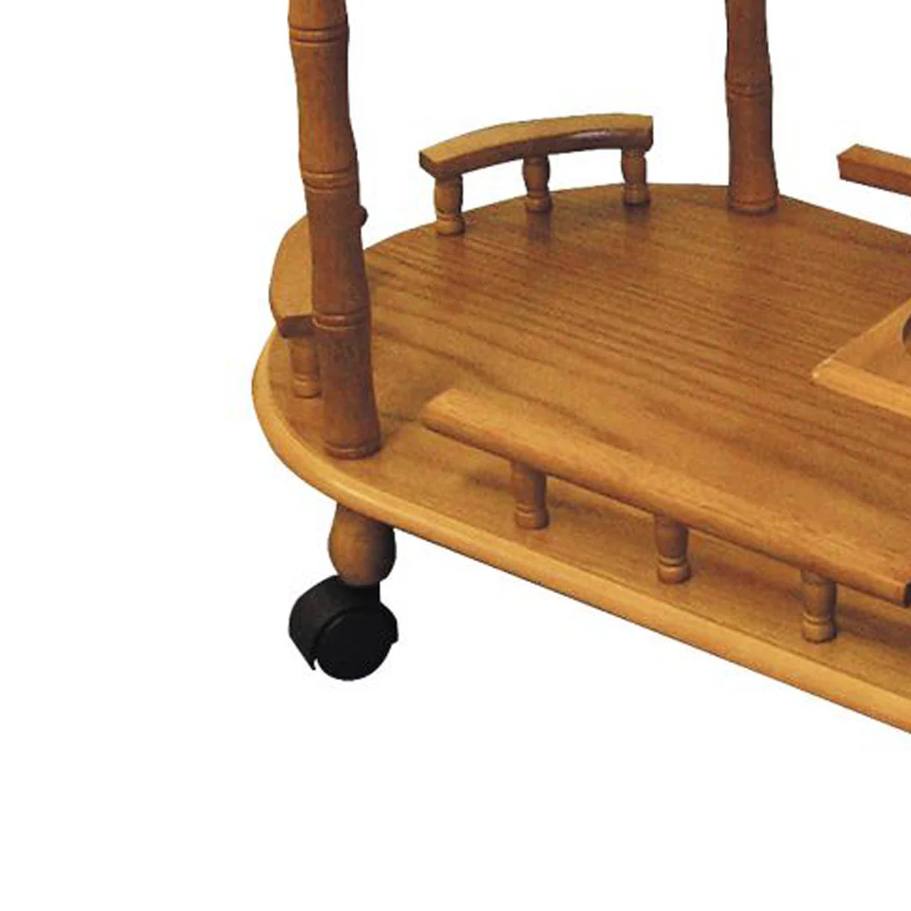 Casters Supported 2 Tier Wooden Wine Table With Turned Legs, Oak Brown By Benzara - Image 3