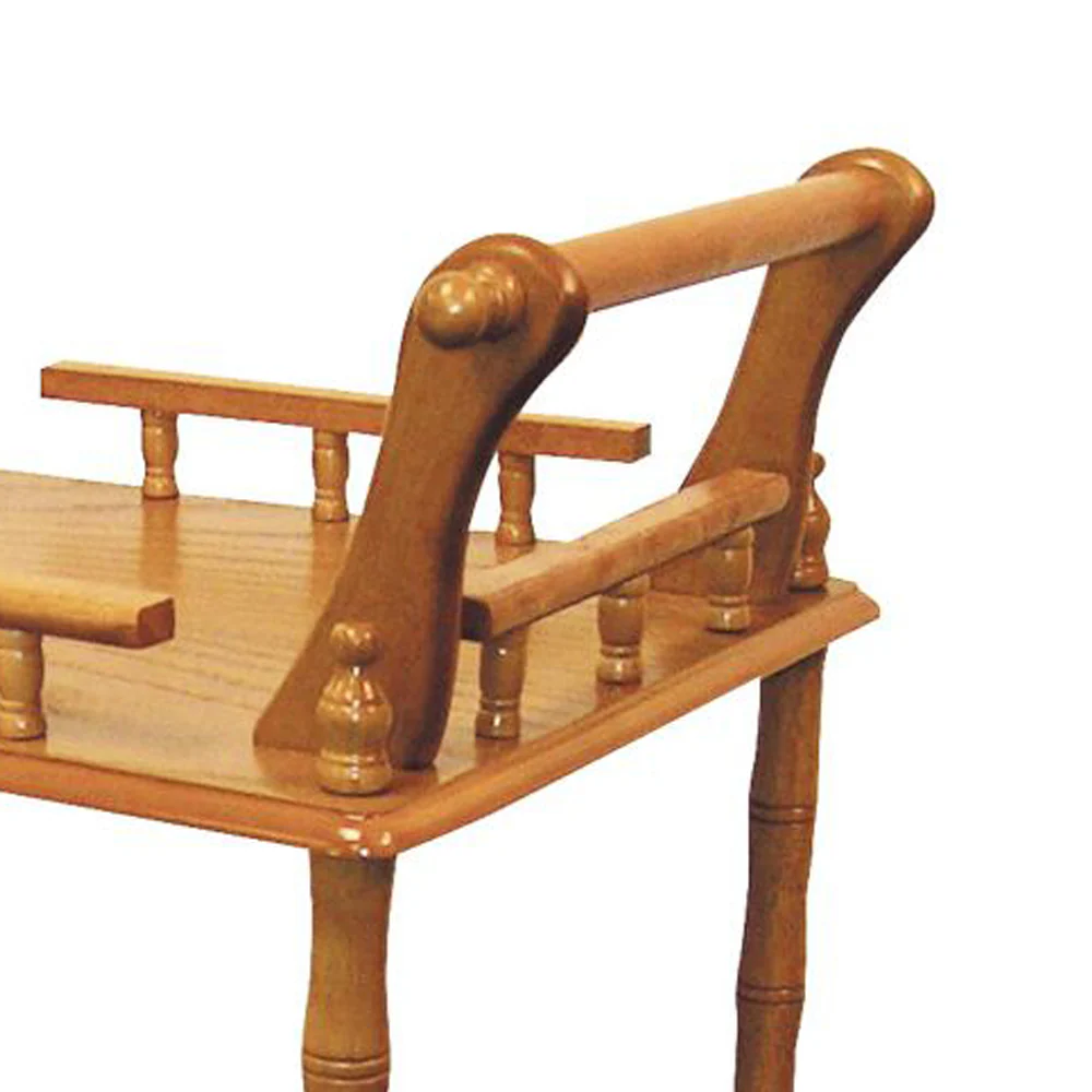 Casters Supported 2 Tier Wooden Wine Table With Turned Legs, Oak Brown By Benzara - Image 4