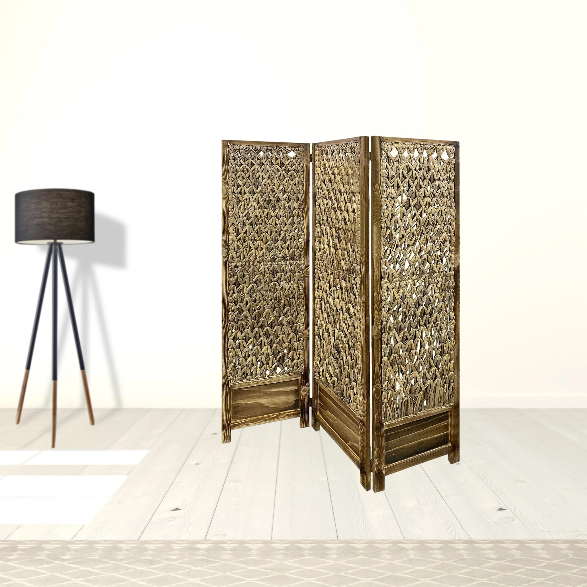Casual Wood And Seagrass Three Panel Room Divider Screen By Homeroots - Image 3