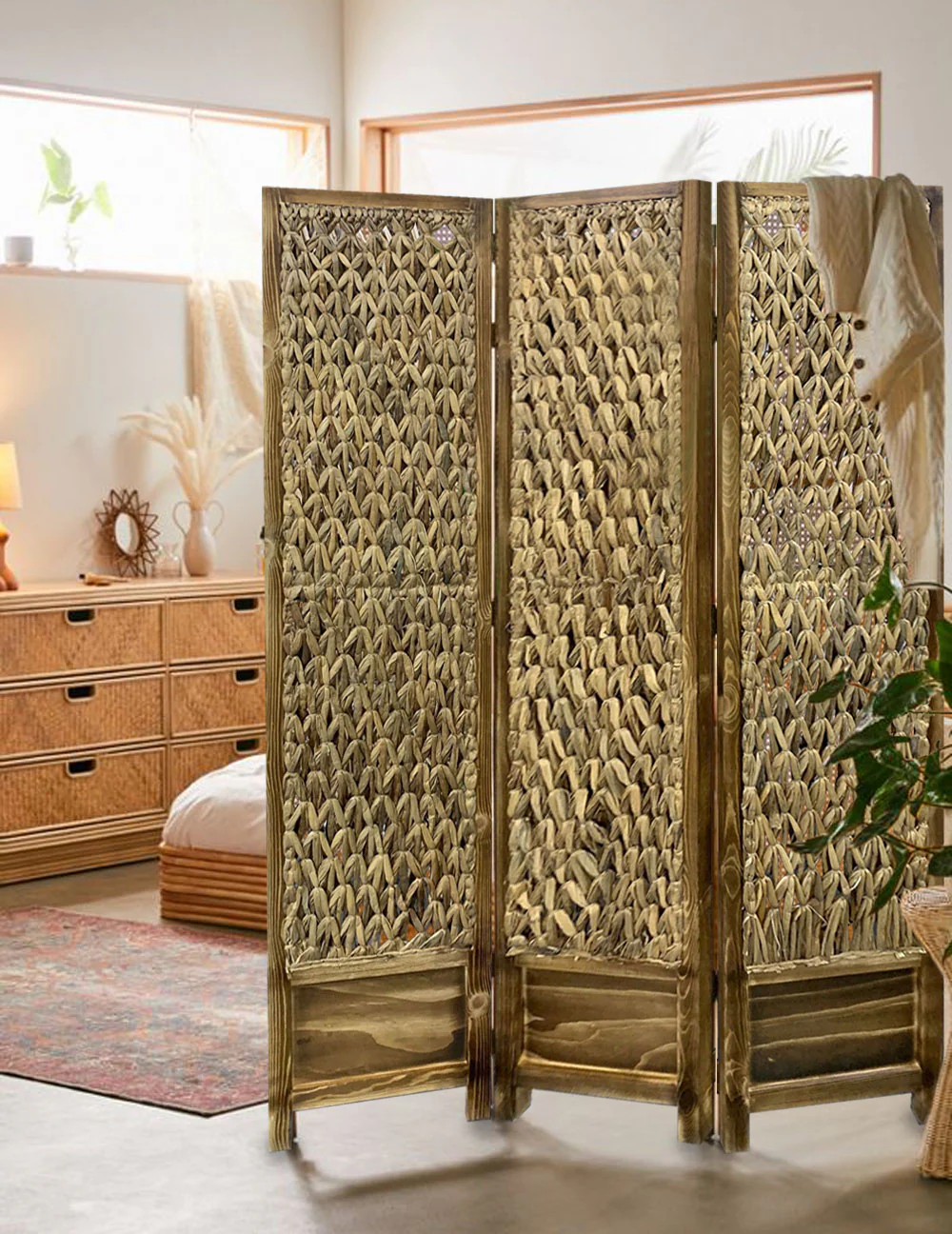 Casual Wood And Seagrass Three Panel Room Divider Screen By Homeroots - Image 5